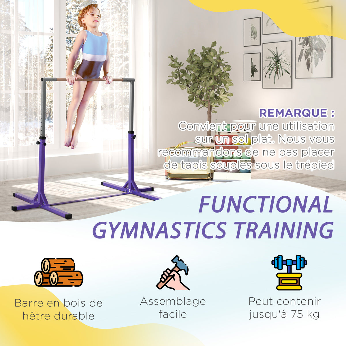 Turnreck für Kinder, höhenverstellbar in 13 Stufen von 92–150 cm, aus Stahl und Buchenholz, Trainings-Turnreck für Zuhause, rutschfest, einfach zu montieren, Violett