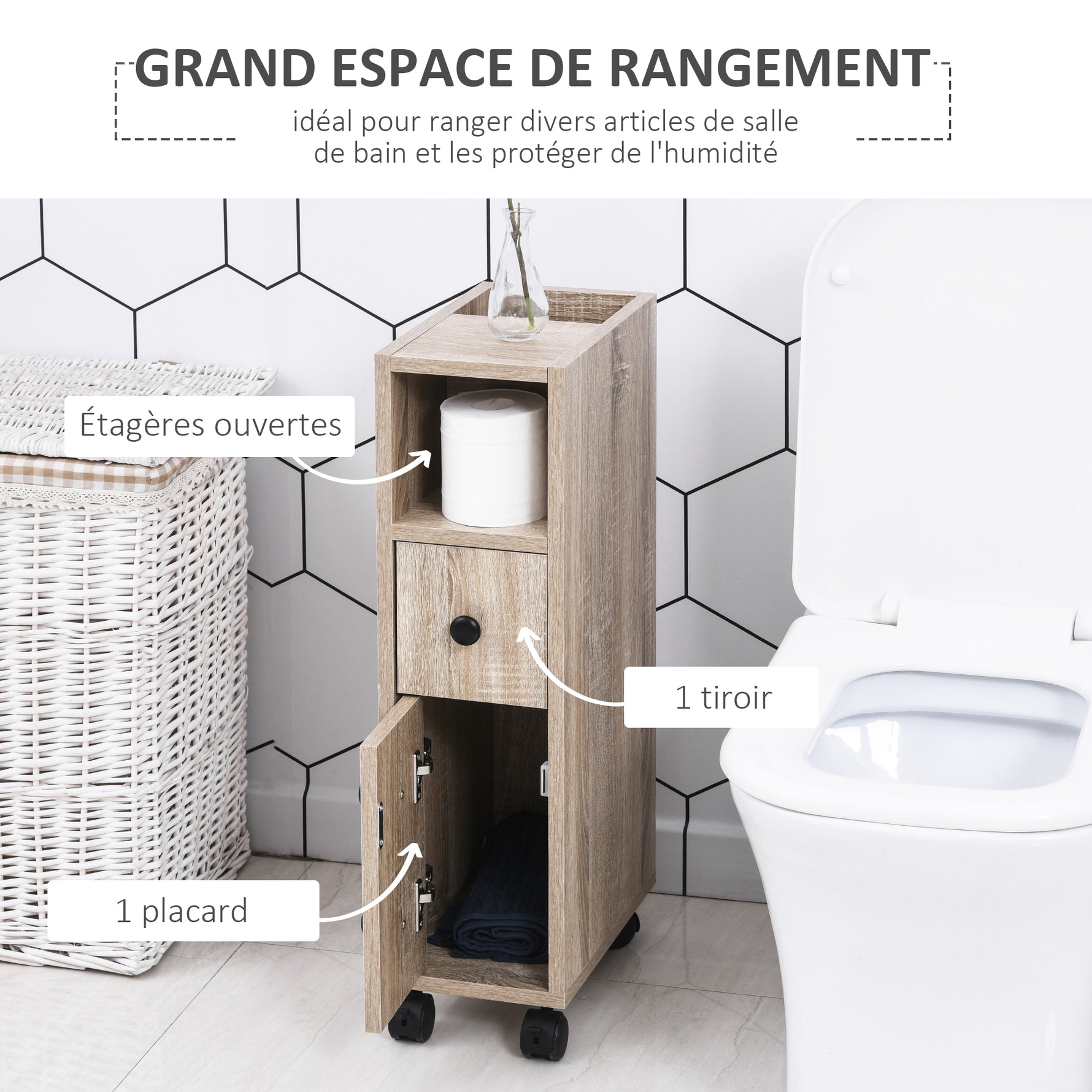 Porte-Papier Toilette 3 Niveaux avec Sortie Intégrée, Panneaux de Particules Aspect chêne Clair