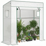 Serre de jardin murale adossée avec 1 porte enroulable, bâche PE renforcée, 2 fenêtres, dim. 196L x 77l x 197/178H cm
