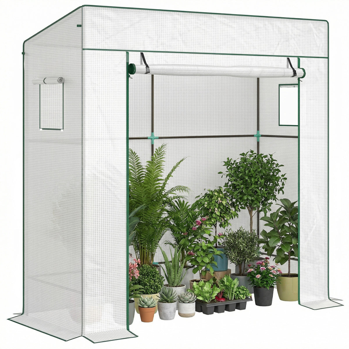 Serre de jardin murale adossée avec 1 porte enroulable, bâche PE renforcée, 2 fenêtres, dim. 196L x 77l x 197/178H cm