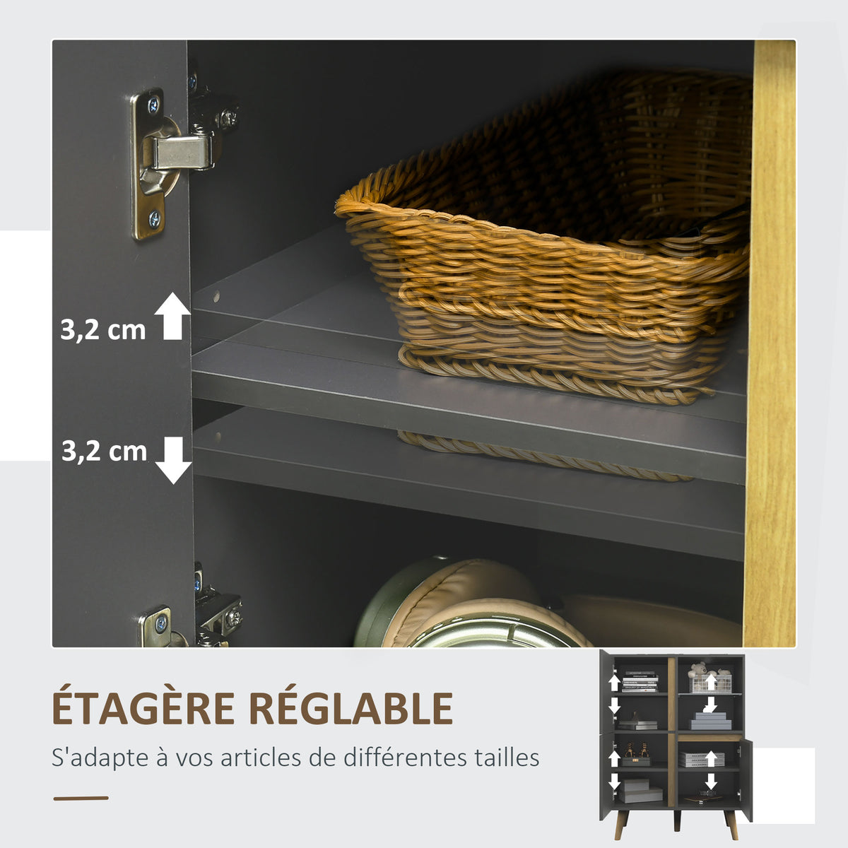 Meuble de rangement design modene avec étagères réglables et pieds en bois massif 70 x 40 x 96,1 cm gris foncé