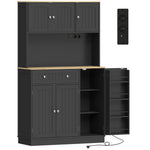 Buffet haut cuisine, armoire de cuisine, station de charge, 6 portes, plan de travail, porte-épices, 100x40x173cm, noir