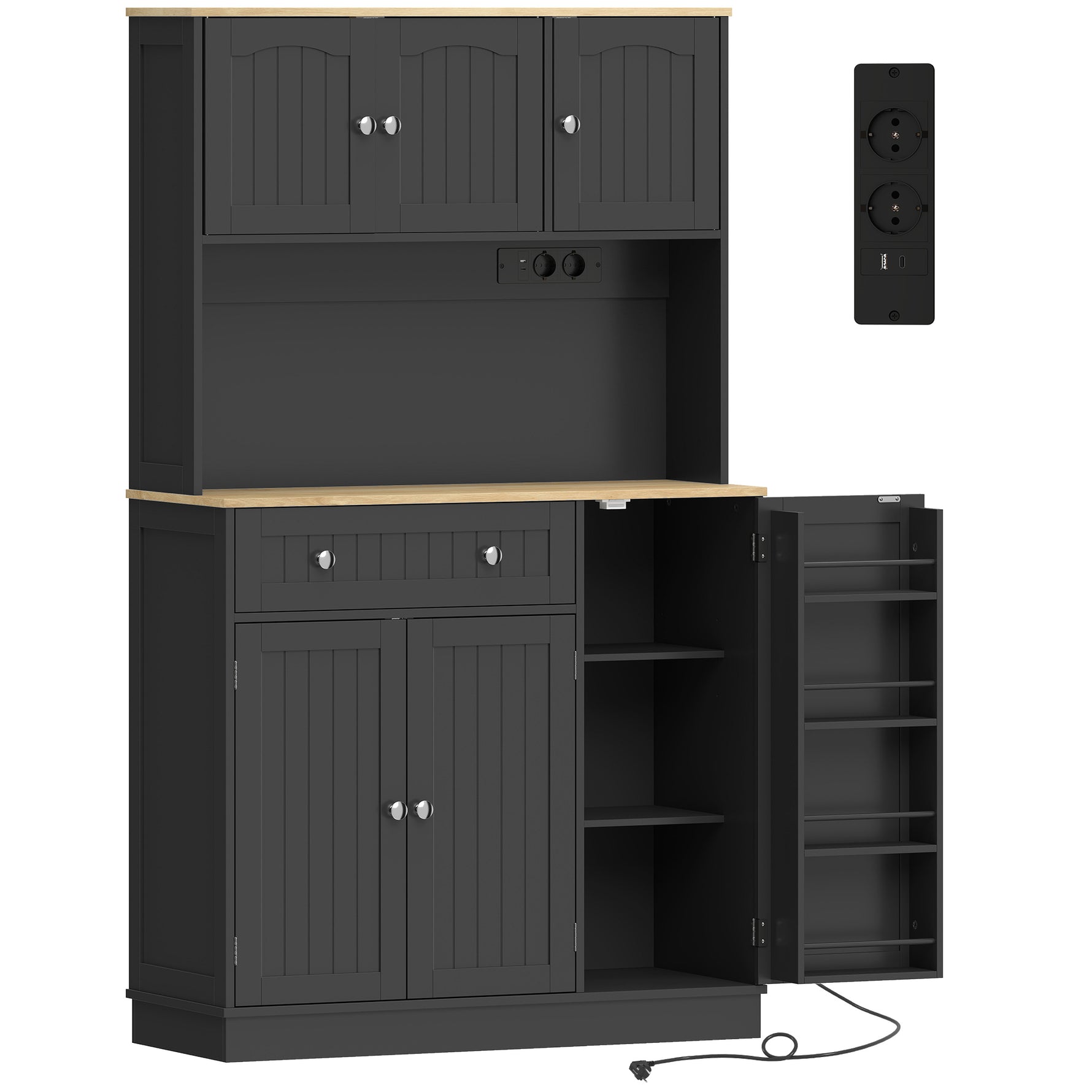 Buffet haut cuisine, armoire de cuisine, station de charge, 6 portes, plan de travail, porte-épices, 100x40x173cm, noir
