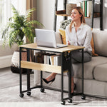 Bureau pliable sur roulettes 80 x 50 cm avec étagère et sac de rangement, chêne