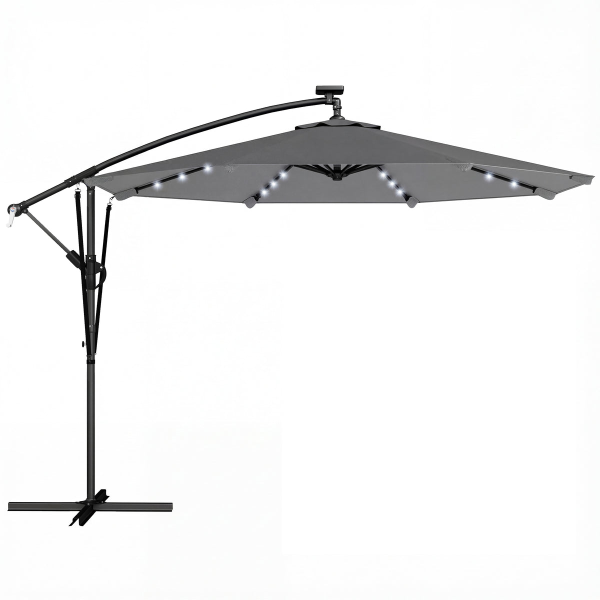 Eguzki-LEDak dituen lorategiko eguzkitakoa, 32 LED-lanpara, biradera, UV 50+ babesa eta babes-zorroa, Ø 295 cm, grisa