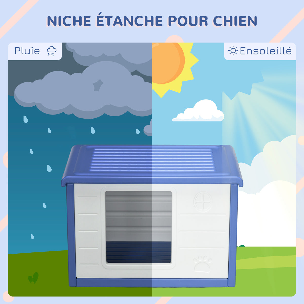 Lot de 2 niches pour chien extérieure en plastique maison pour chiens avec bouches d'aération bleu et blanc