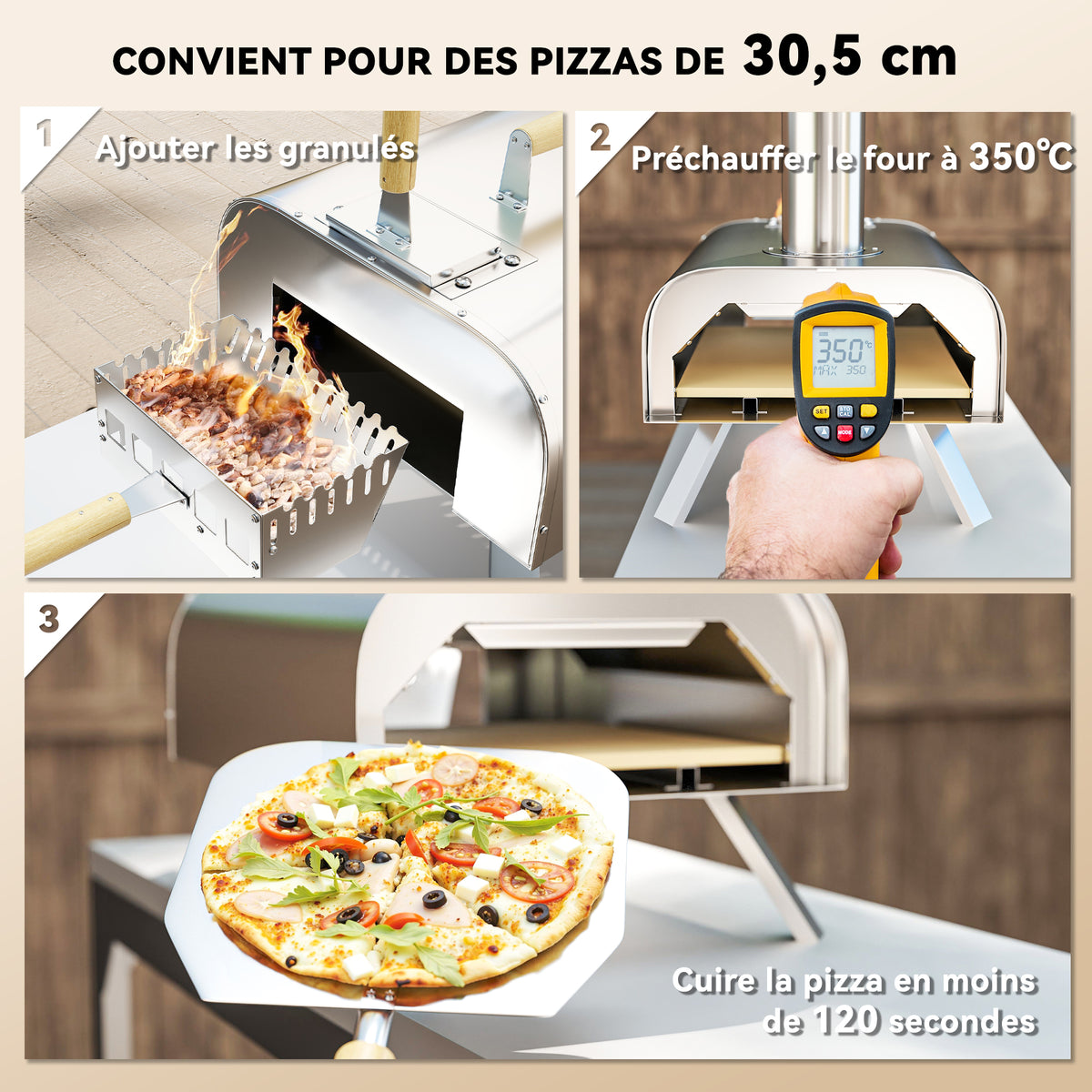 Four à pizza extérieur portable à bois ou à pellet avec pierre à pizza pieds pliables cheminée acier inoxydable argenté