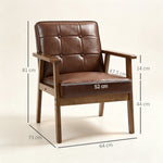 Fauteuil de salon, fauteuil de chambre en cuir synthétique, dossier capitonné, pieds en bois massif, 64x73x81cm, marron