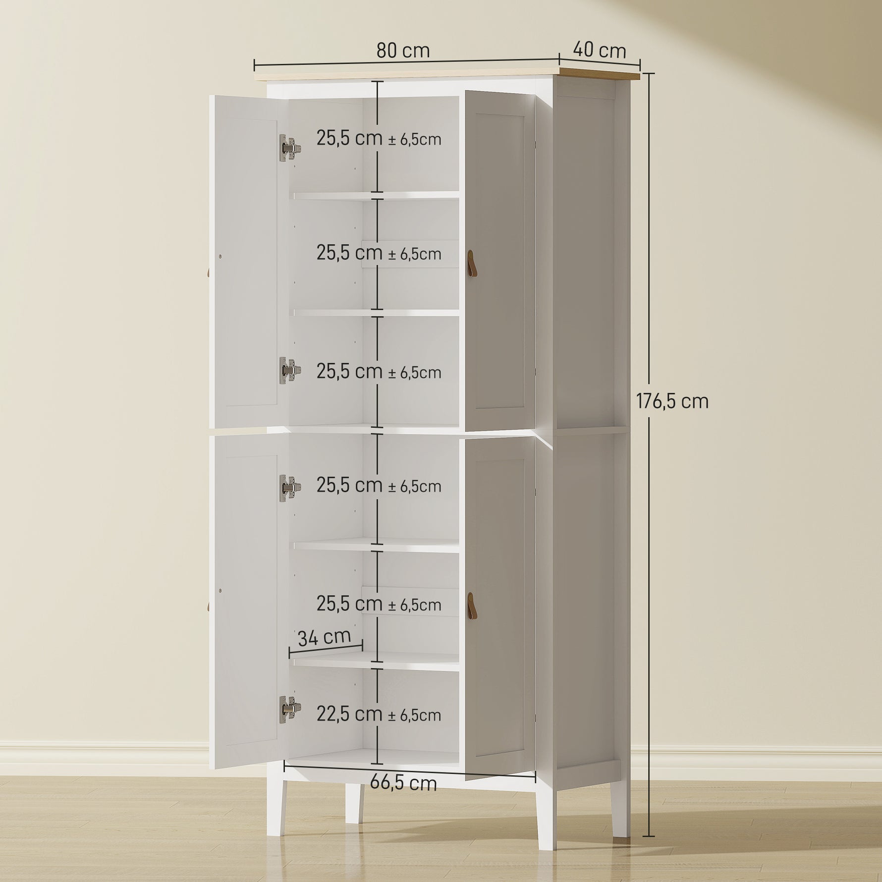 Buffet cuisine, meuble cuisine rangement haut avec LED réglable et détecteur de mouvement, 80 x 40 x 176,5 cm, blanc