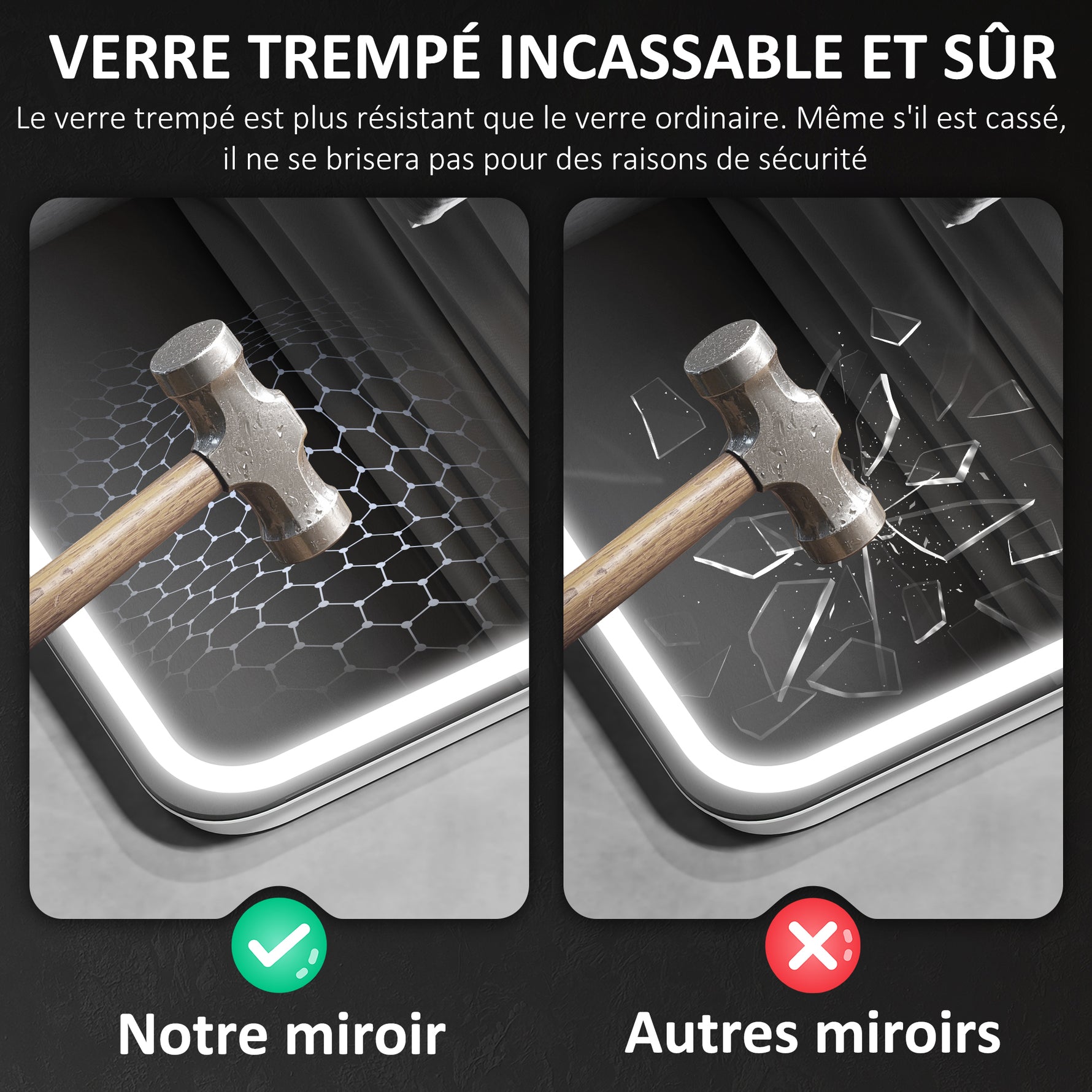 Miroir salle de bain Bluetooth avec éclairage LED 50 x 70 cm, miroir lumineux mural avec horloge, antibuée, argenté