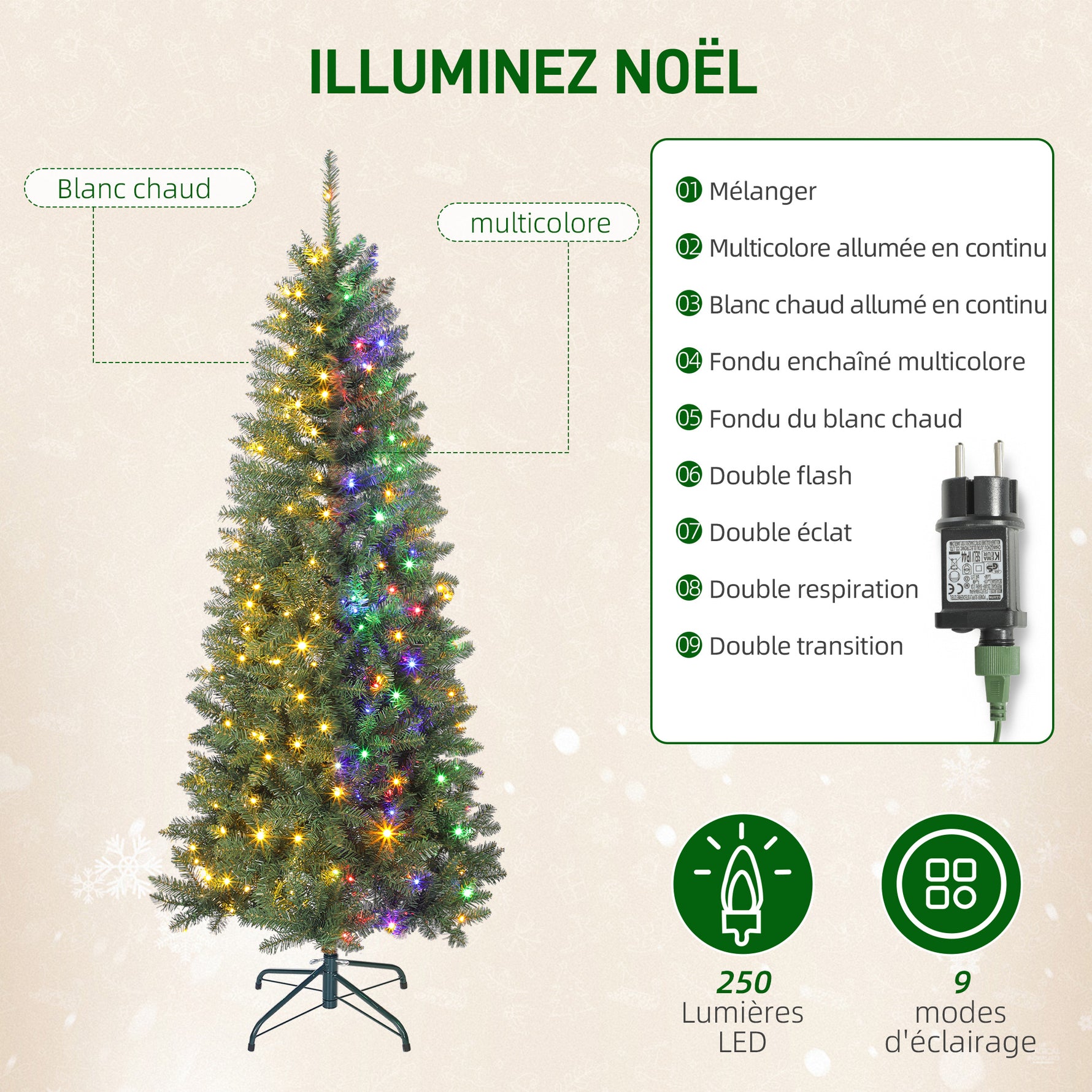 Sapin de Noël artificiel 180 cm, arbre de Noël fin avec 250 lumières, 899 pointes, support en métal pliable, vert