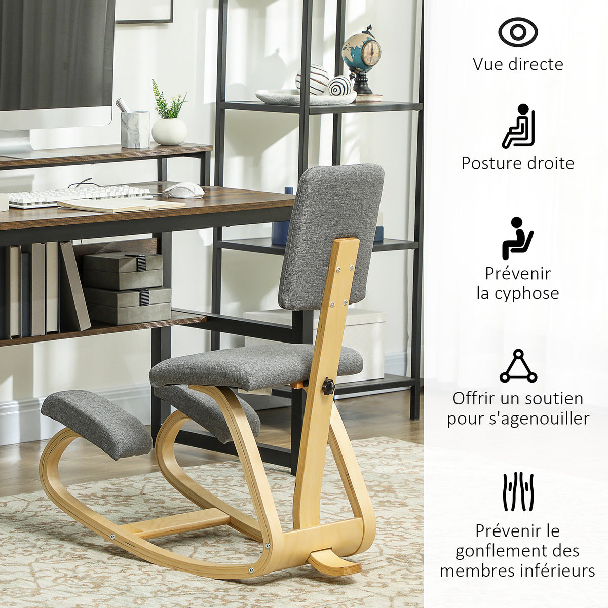 Siège assis genoux, siège ergonomique en bois à bascule avec dossier, chaise à genoux pour bureau à domicile, gris