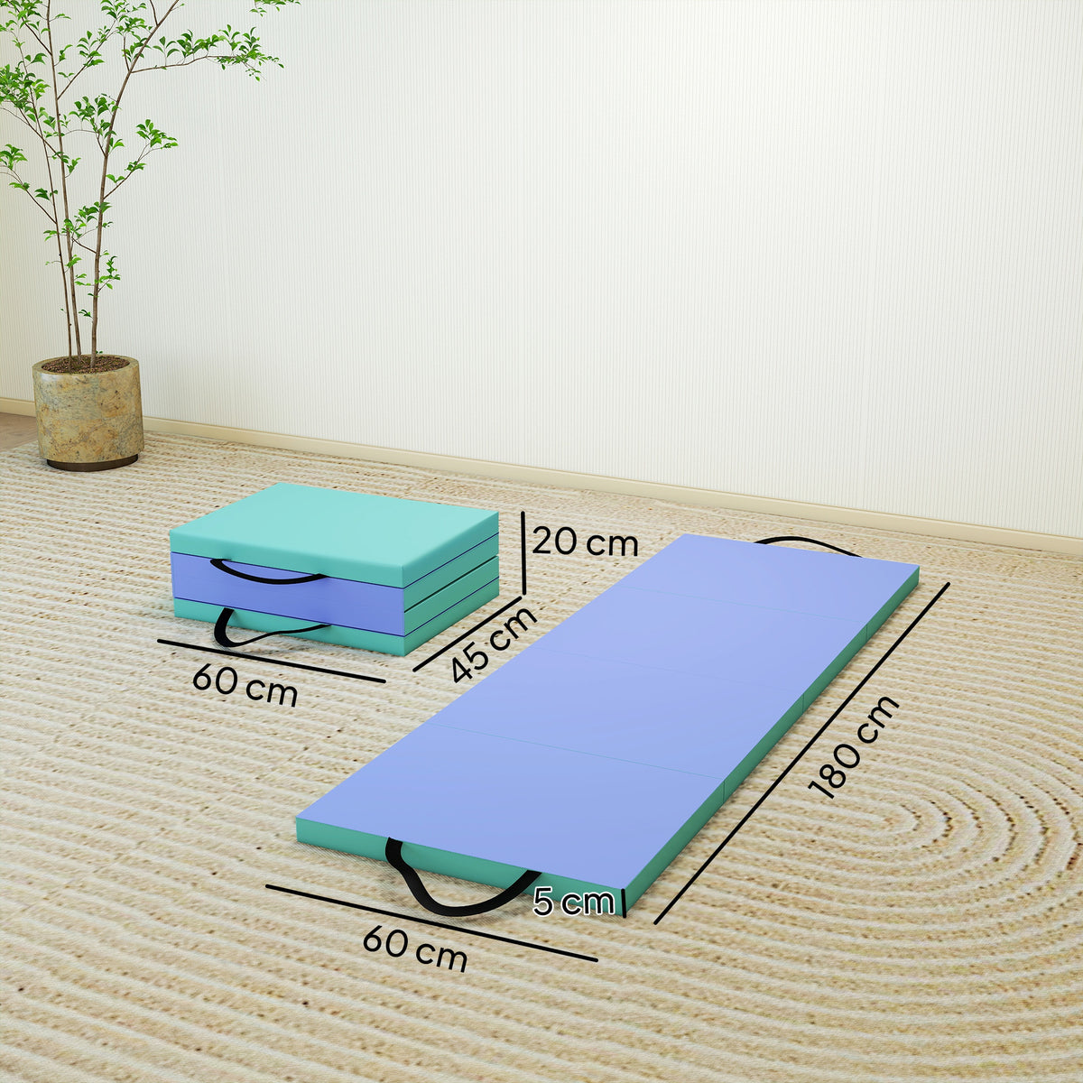 Tapis de gymnastique pliable portable, tapis de sport épais en 4 parties avec poignées, 180 x 60 x 5 cm, vert et violet