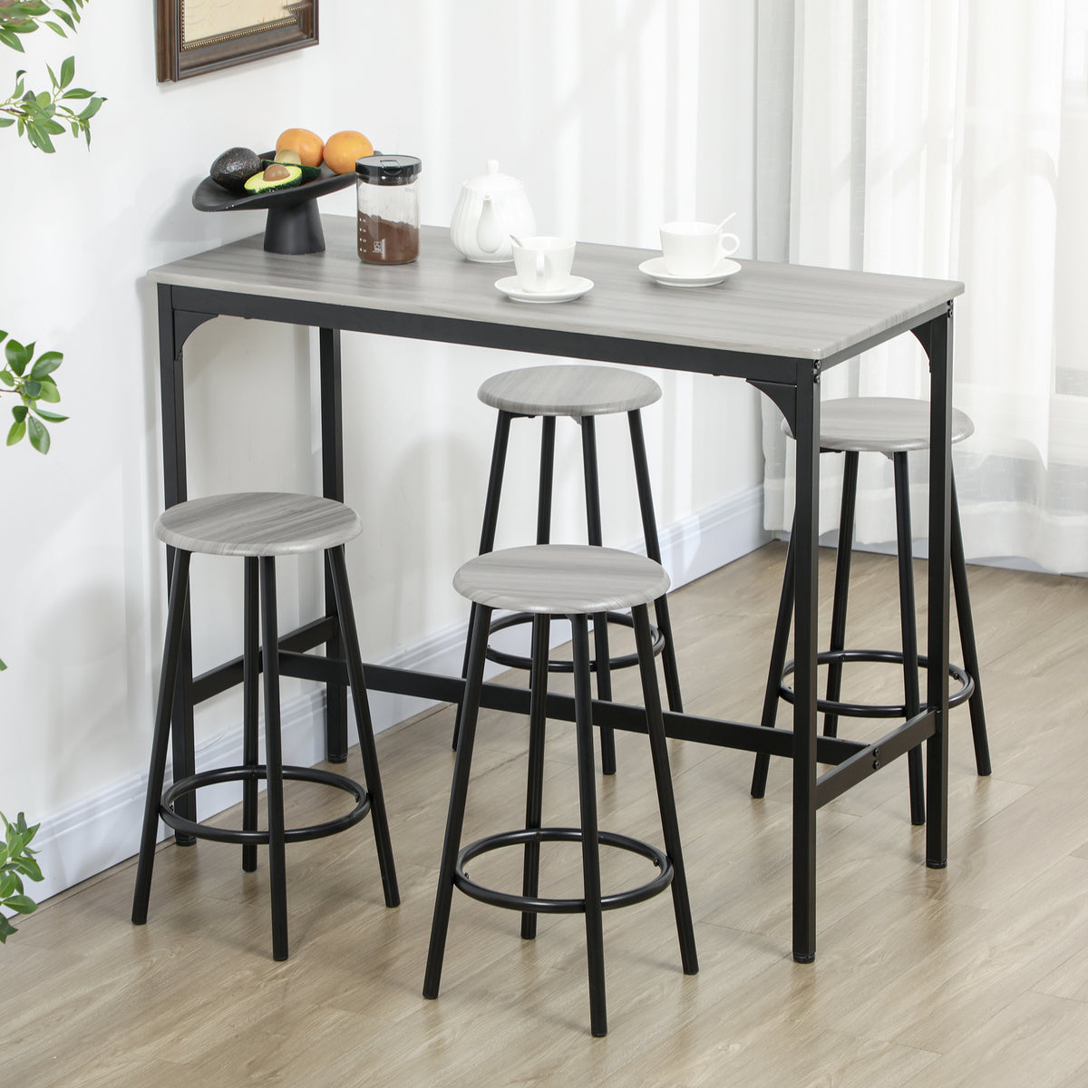 Ensemble table haute et 4 tabourets avec Repose-Pieds, métal noir et aspect bois pour cuisine salle à manger