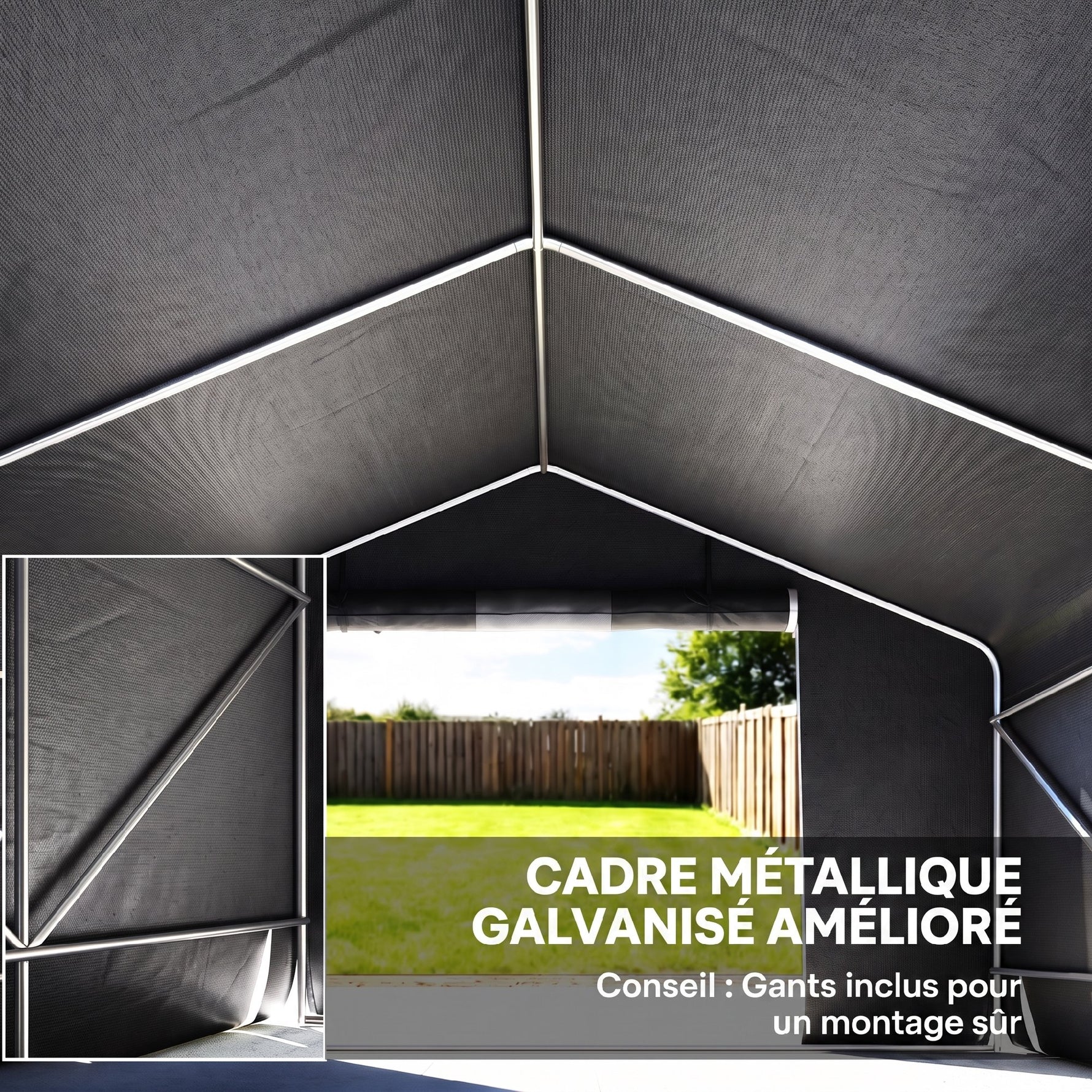 Abri de jardin tente de stockage imperméable abri moto porte enroulable fermeture éclair, 300 x 300 x 210 cm, gris foncé