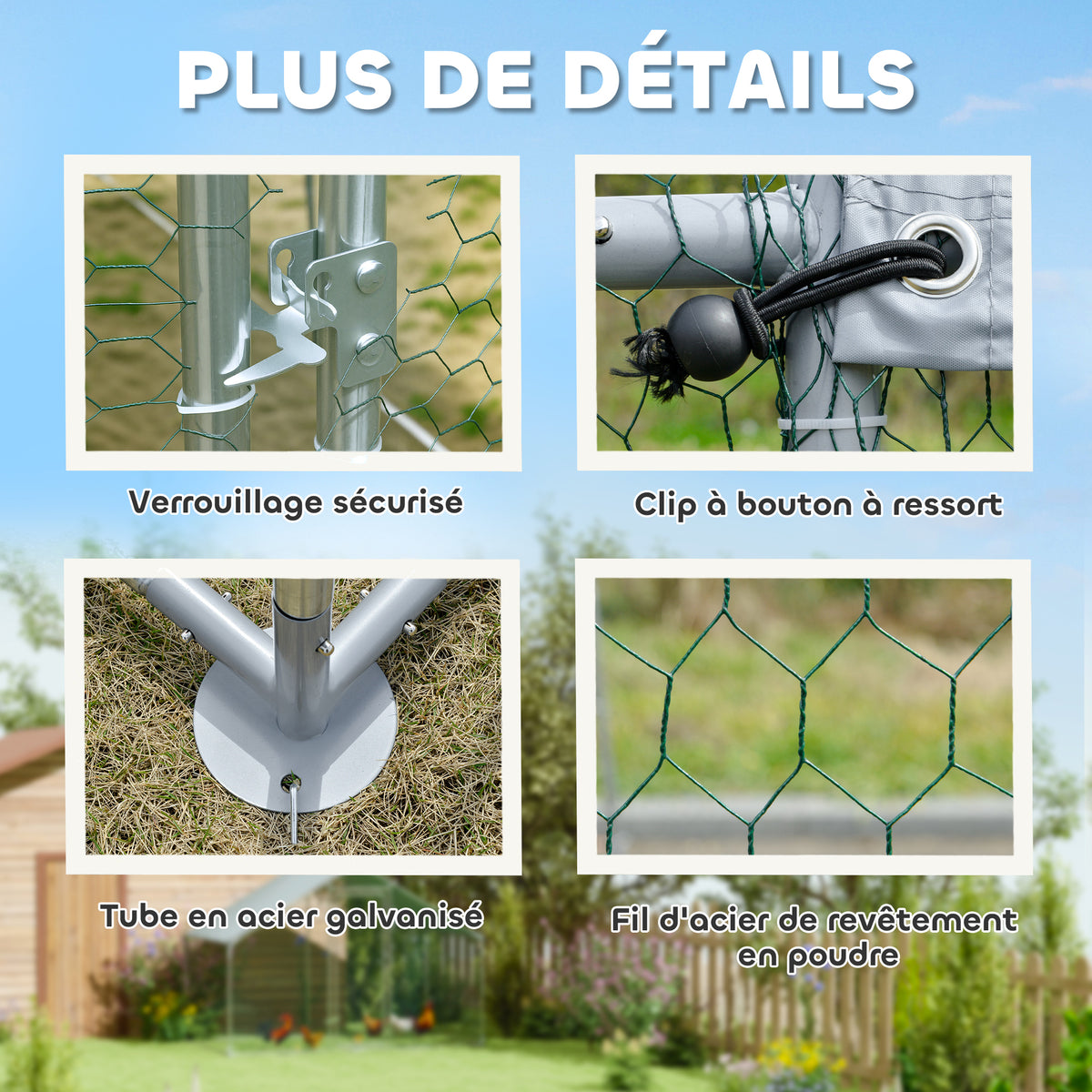 Poulailler, grand poulailler en métal avec couverture imperméable et anti-UV, cage pour 10-15 poules, 3 x 3,4 x 1,9m
