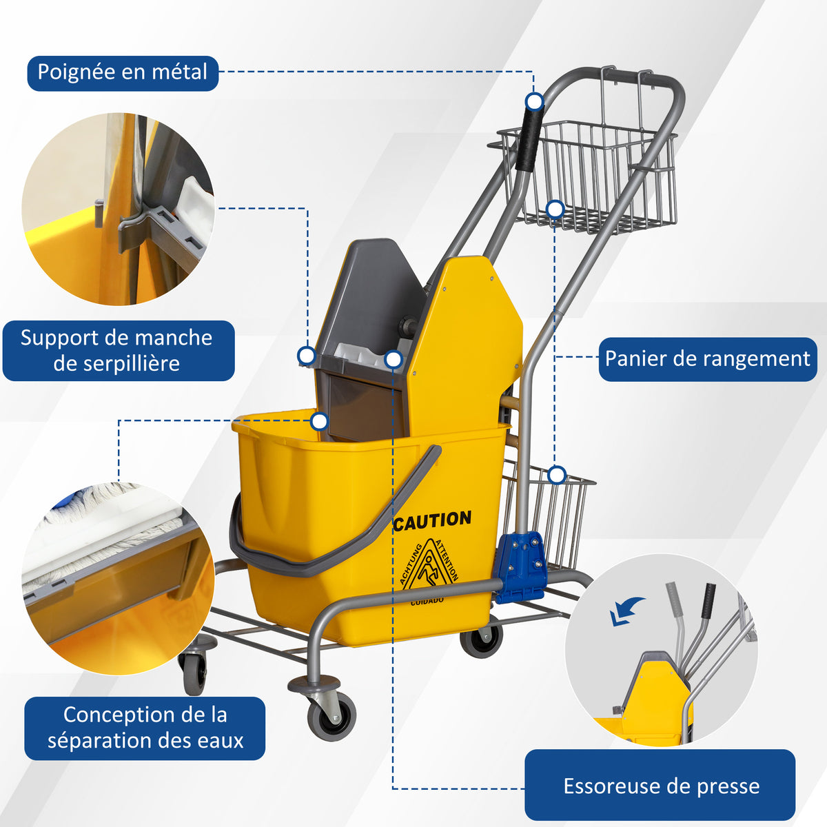 Chariot de lavage chariot de ménage professionnel presse à mâchoire seau 26 L + panier de rangements jaune