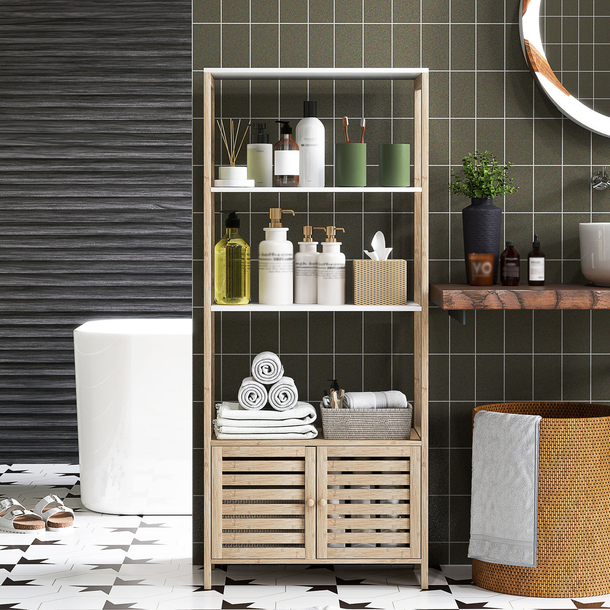 Colonne de salle de bain armoire de rangement en bambou 3 étagères 1 placard 63 x 30 x 138 cm bois naturel et blanc
