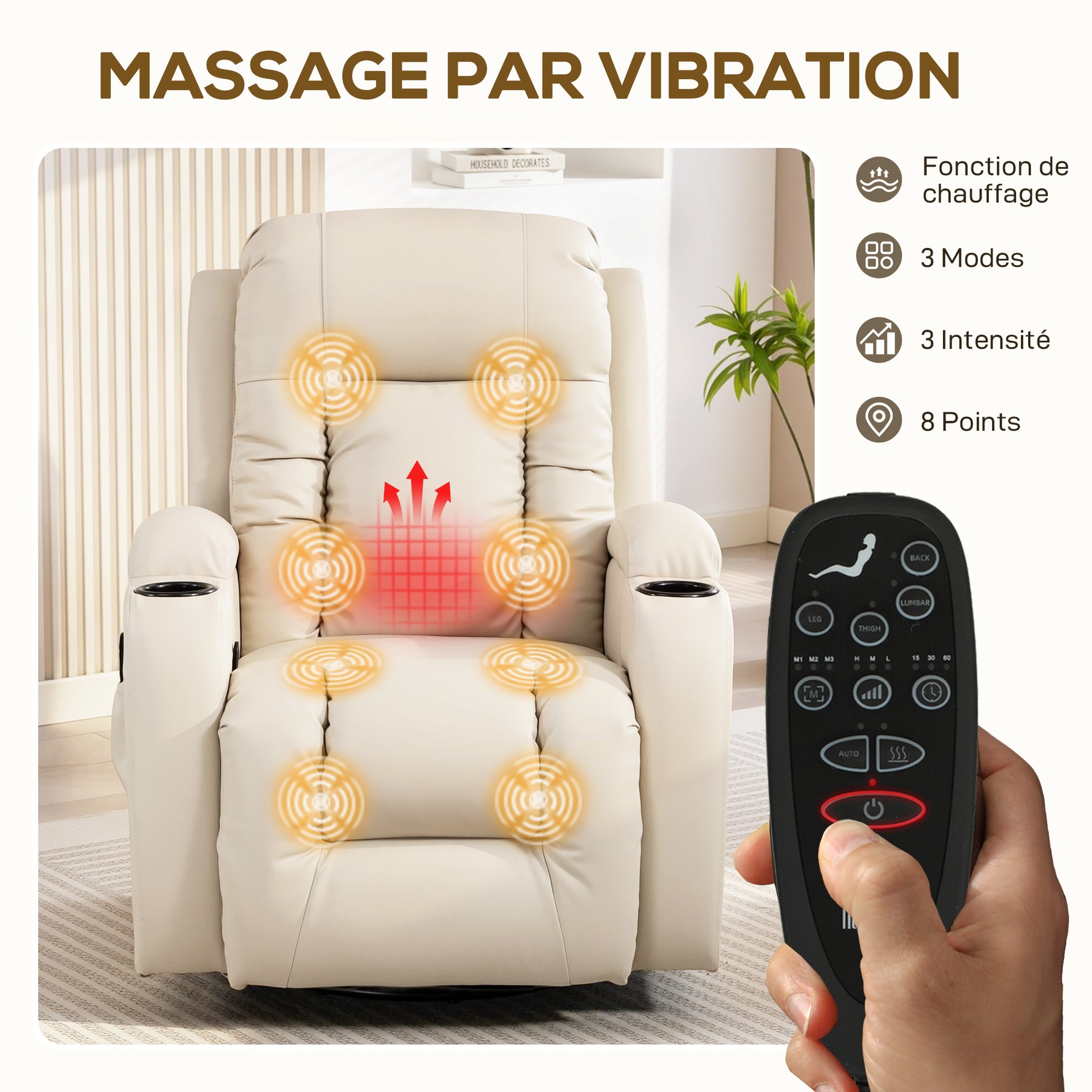 Fauteuil inclinable de massage et chauffage, fauteuil de relaxation, dossier réglable, pivotant 360°, 82x99x103cm, crème