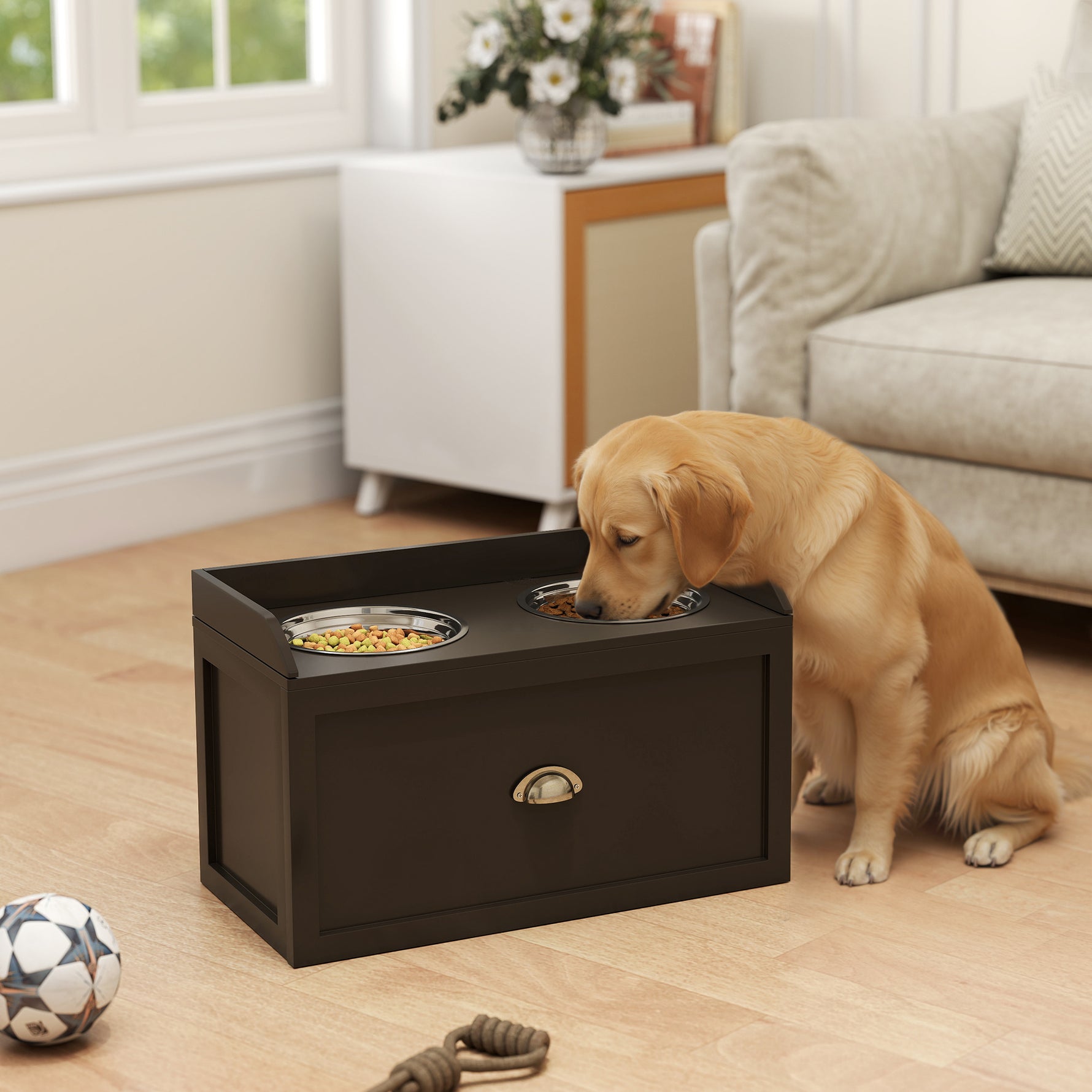 Gamelles Chiens Surélevées, Porte-Gamelles Surélevé Rangement 2 en 1, Tiroir, 2 Gamelles, 60x30x36cm, Marron Café