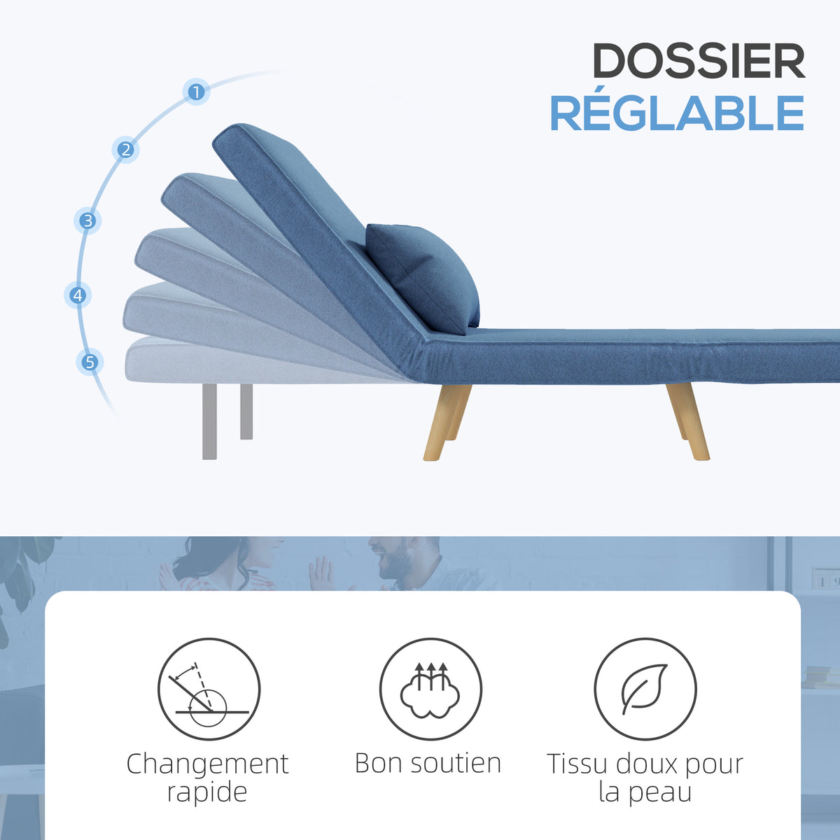 3-in-1 slaapfauteuil, eenpersoons slaapstoel met 5-standen rugleuning, van stof, inclusief kussen, blauw
