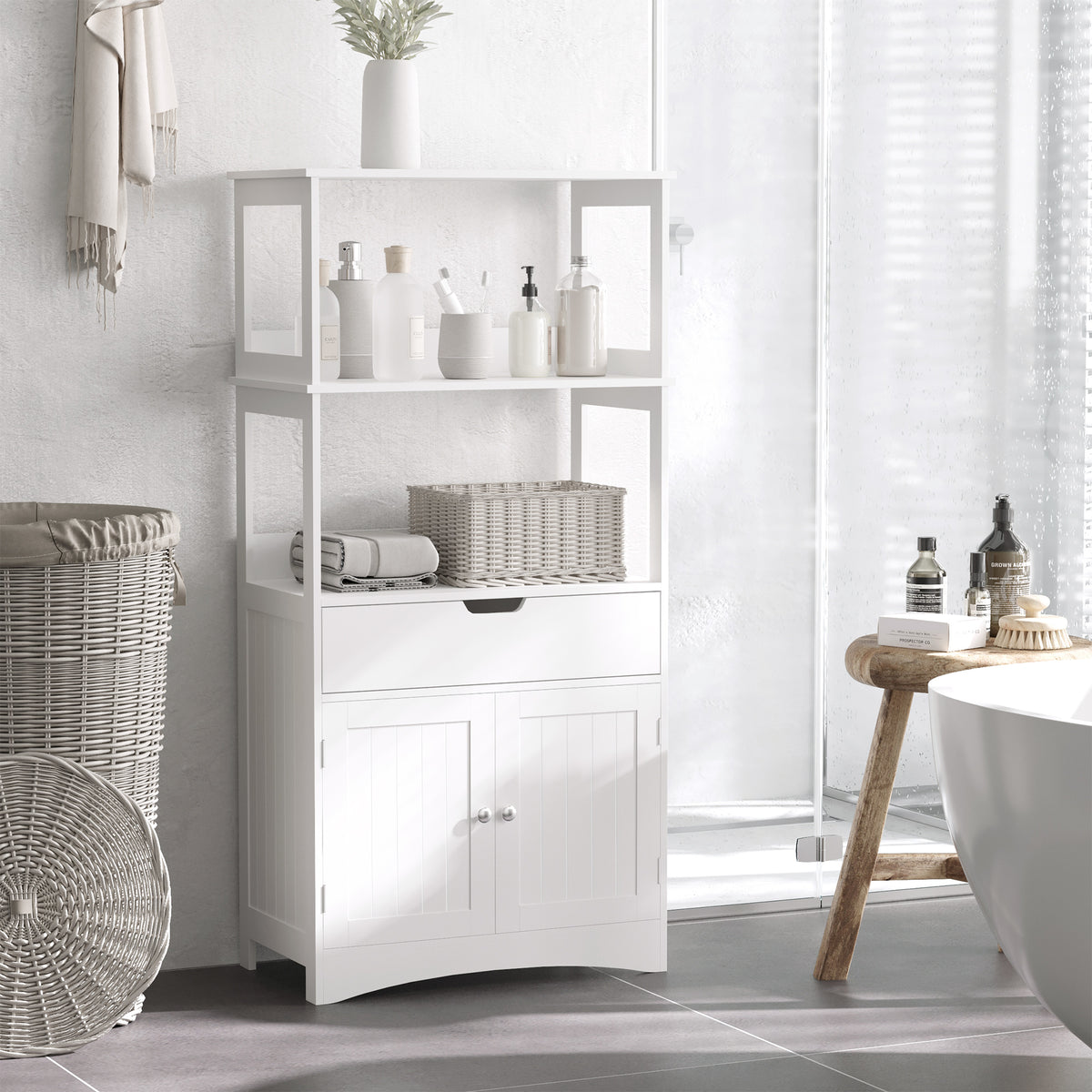 Meuble de Rangement Salle de Bain - 2 Portes, tiroir, 3 étagères - dim. 60L x 33l x 122H cm - MDF Blanc