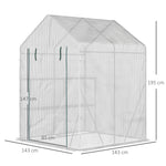 Serre de jardin PE avec étagères 2 niveaux, serre de balcon, bâche renforcée 140 g/m², châssis en acier, porte zippée enroulable, pour légumes plantes fleurs, 143x143x195cm, blanc