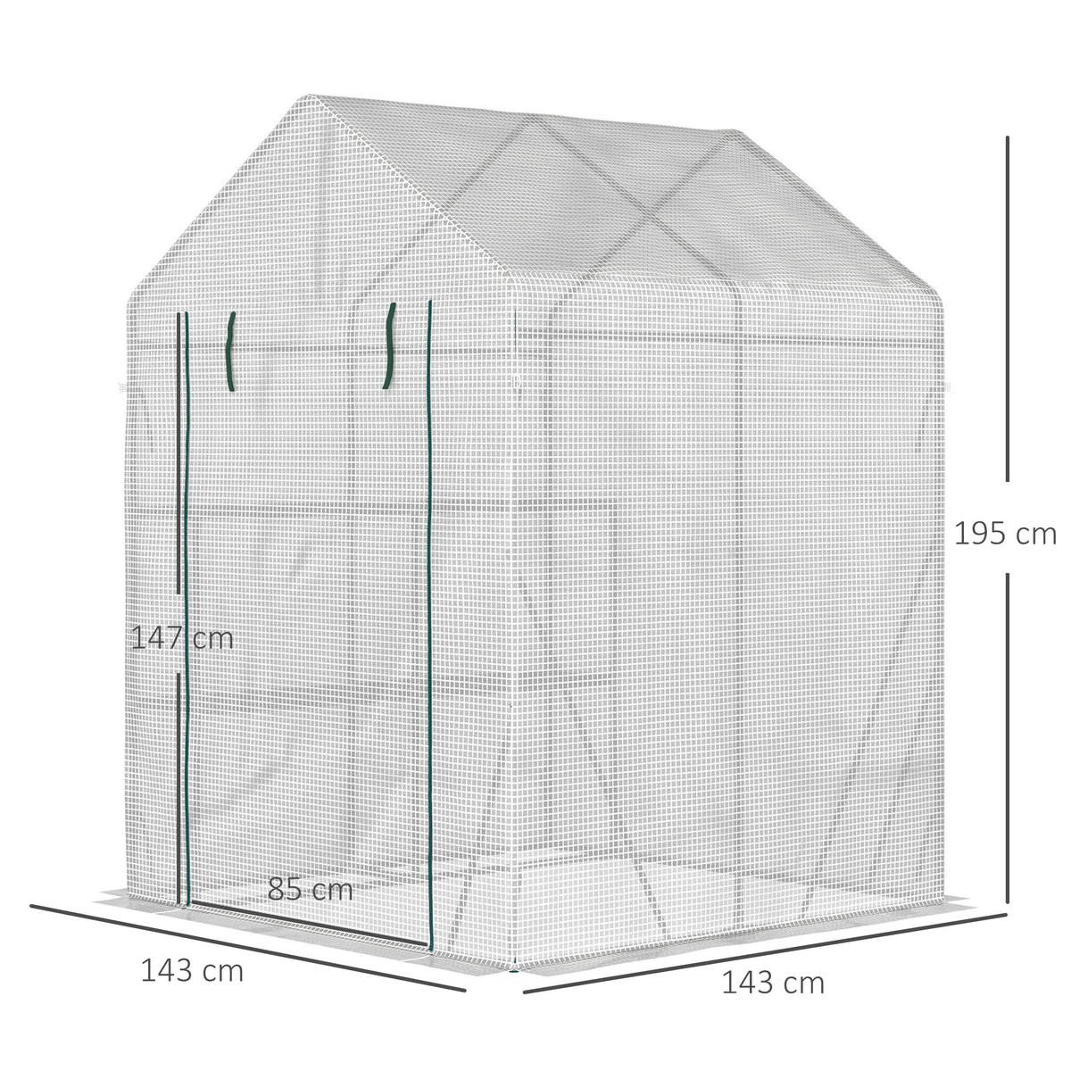 Serre de jardin PE avec étagères 2 niveaux, serre de balcon, bâche renforcée 140 g/m², châssis en acier, porte zippée enroulable, pour légumes plantes fleurs, 143x143x195cm, blanc