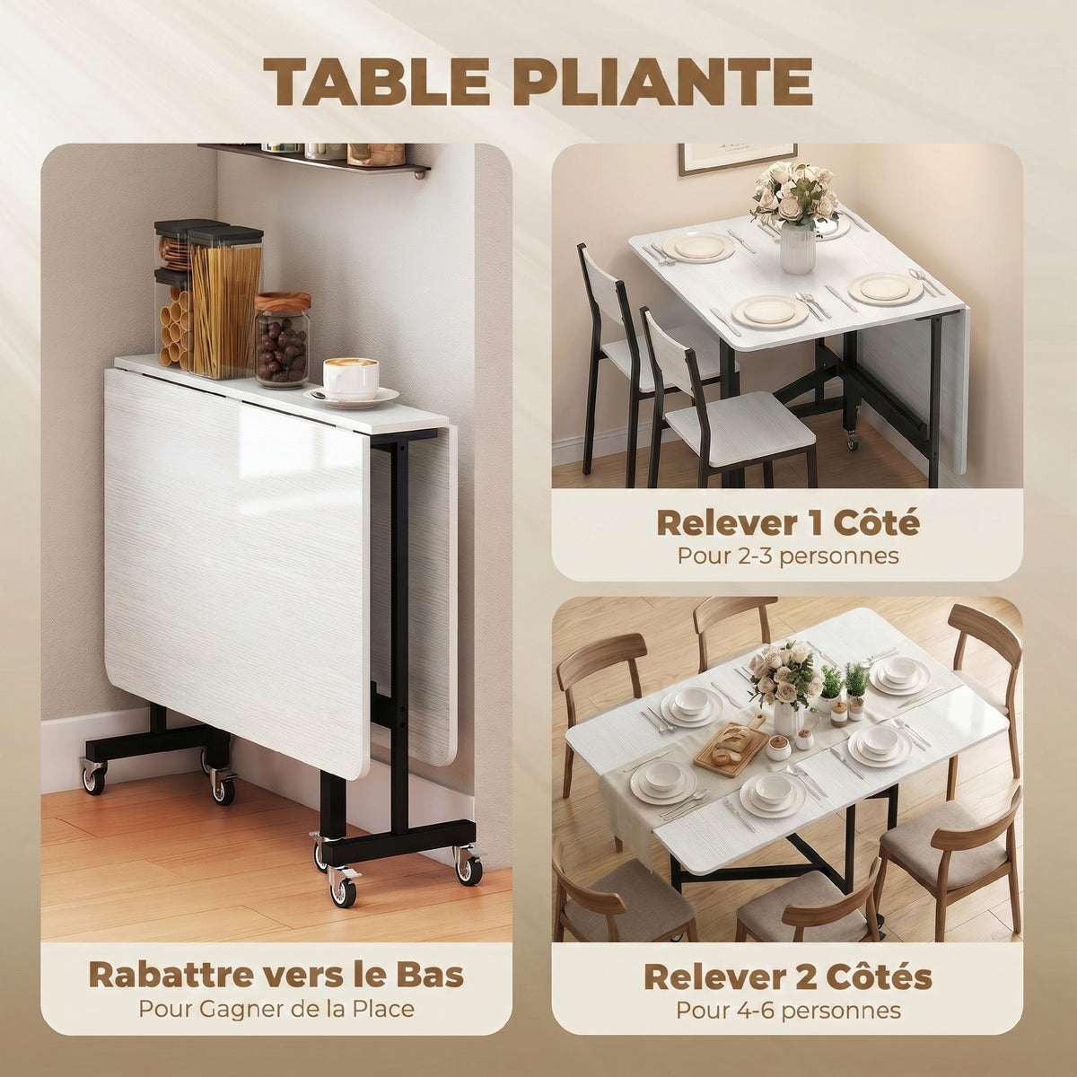 Tavolo da pranzo pieghevole con ruote per 4-6 persone 120 cm, ruote con freni, 2 ante a ribalta, stile industriale, bianco nero