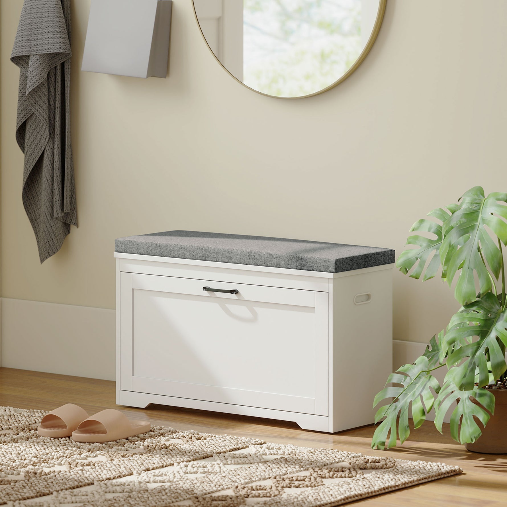 Banc à chaussures, banc d'entrée moderne avec siège rembourré, tiroir basculant et étagère ajustable, 80x30x50cm, blanc
