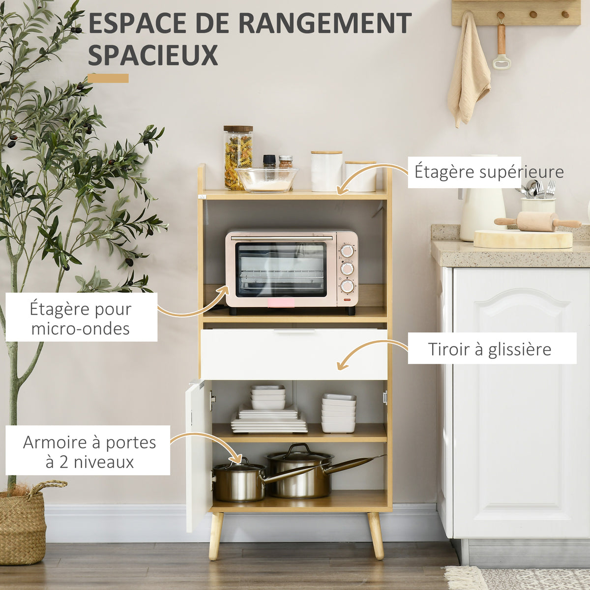 Meuble desserte de cuisine pour micro-ondes avec placard tiroir étagère réglable 58 x 40 x 118 cm naturel et blanc