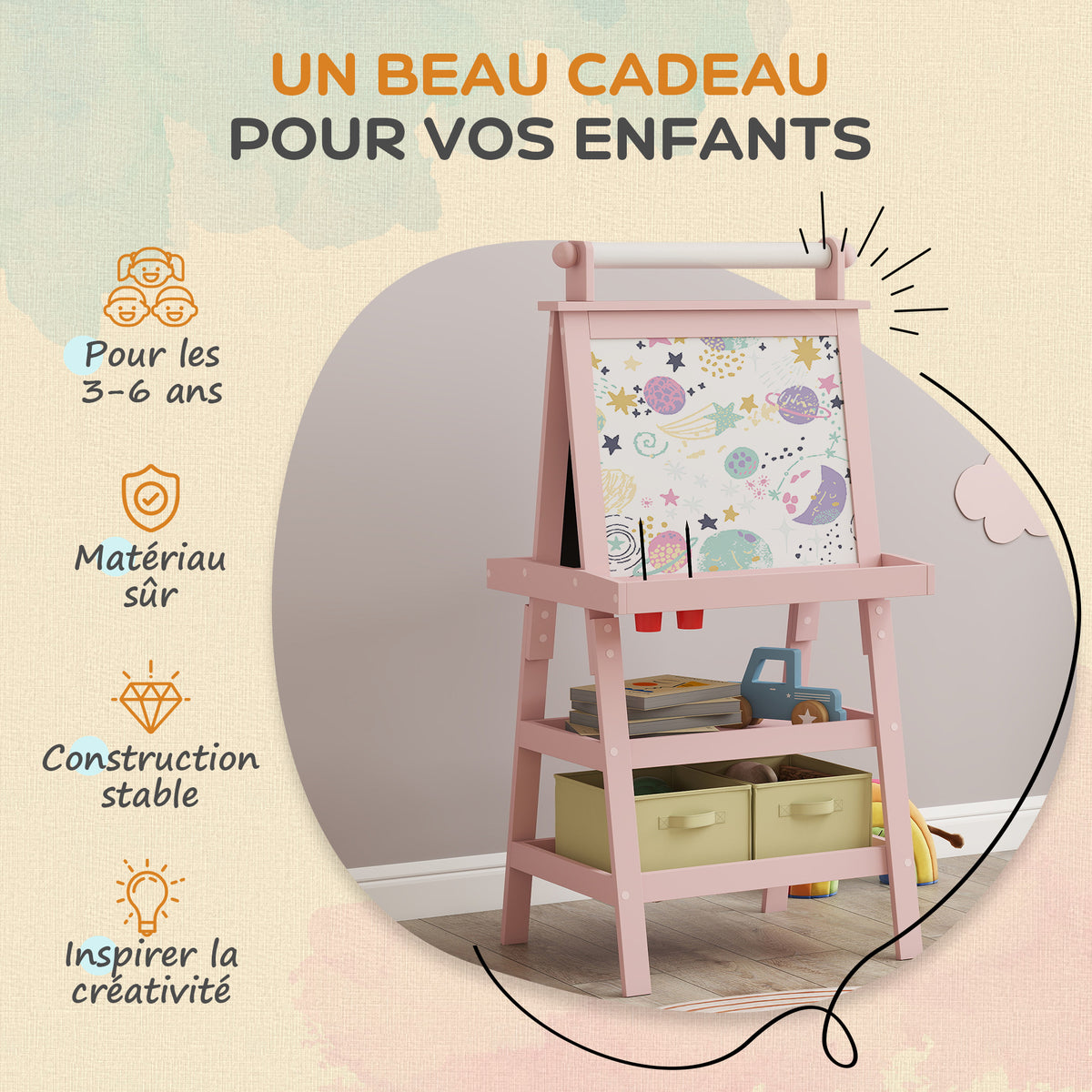 Tableau chevalet enfant 3 en 1 avec tableau blanc magnétique, tableau à craie, rouleau papier, 2 paniers, 3-6 ans, rose
