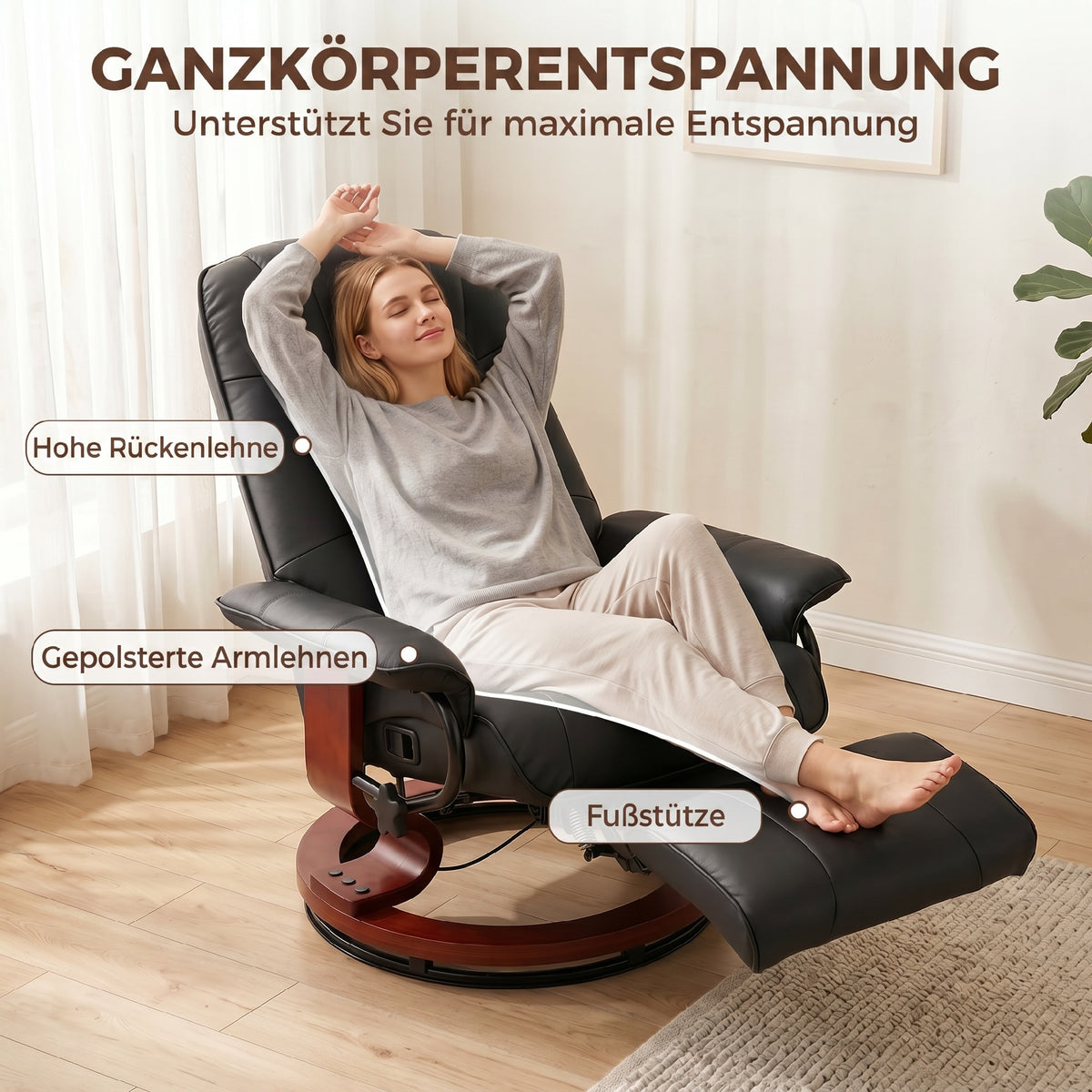 Fauteuil Relax Inclinable, Fauteuil de Salon, Repose-Pieds Réglable, Pivotant 360°, Piètement Bois, Revêtement Synthétique, Noir