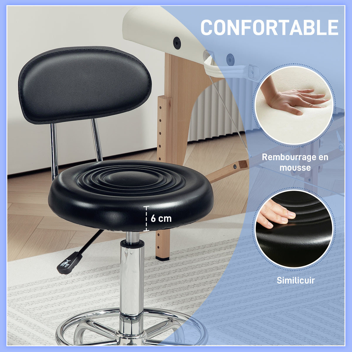 Tabouret à roulettes, tabouret de massage avec hauteur réglable 70-86 cm et dossier, pivotant 360°, noir