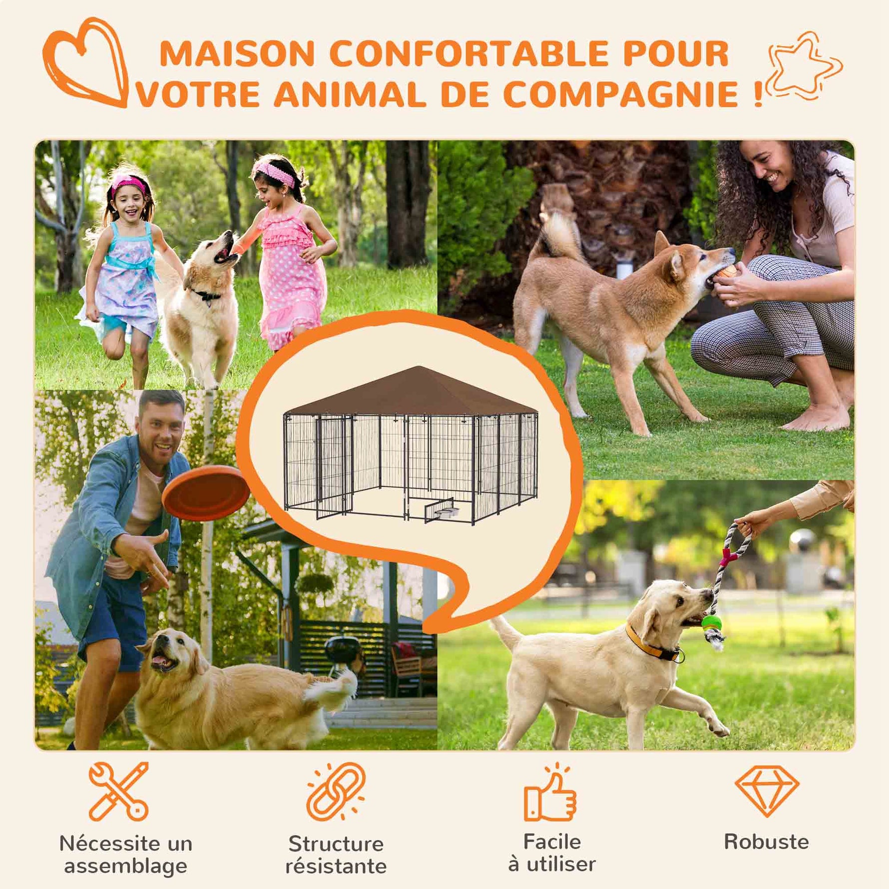 Chenil extérieur pour chiens en acier et tissu Oxford avec support gamelle toit 211 x 211 x 151 cm noir et café