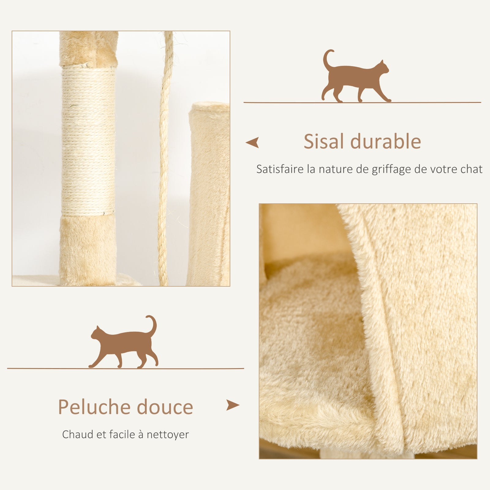 Arbre à chats multi-équipements griffoirs grattoirs plateformes niche corde jouets 40L x 40l x 114H cm beige