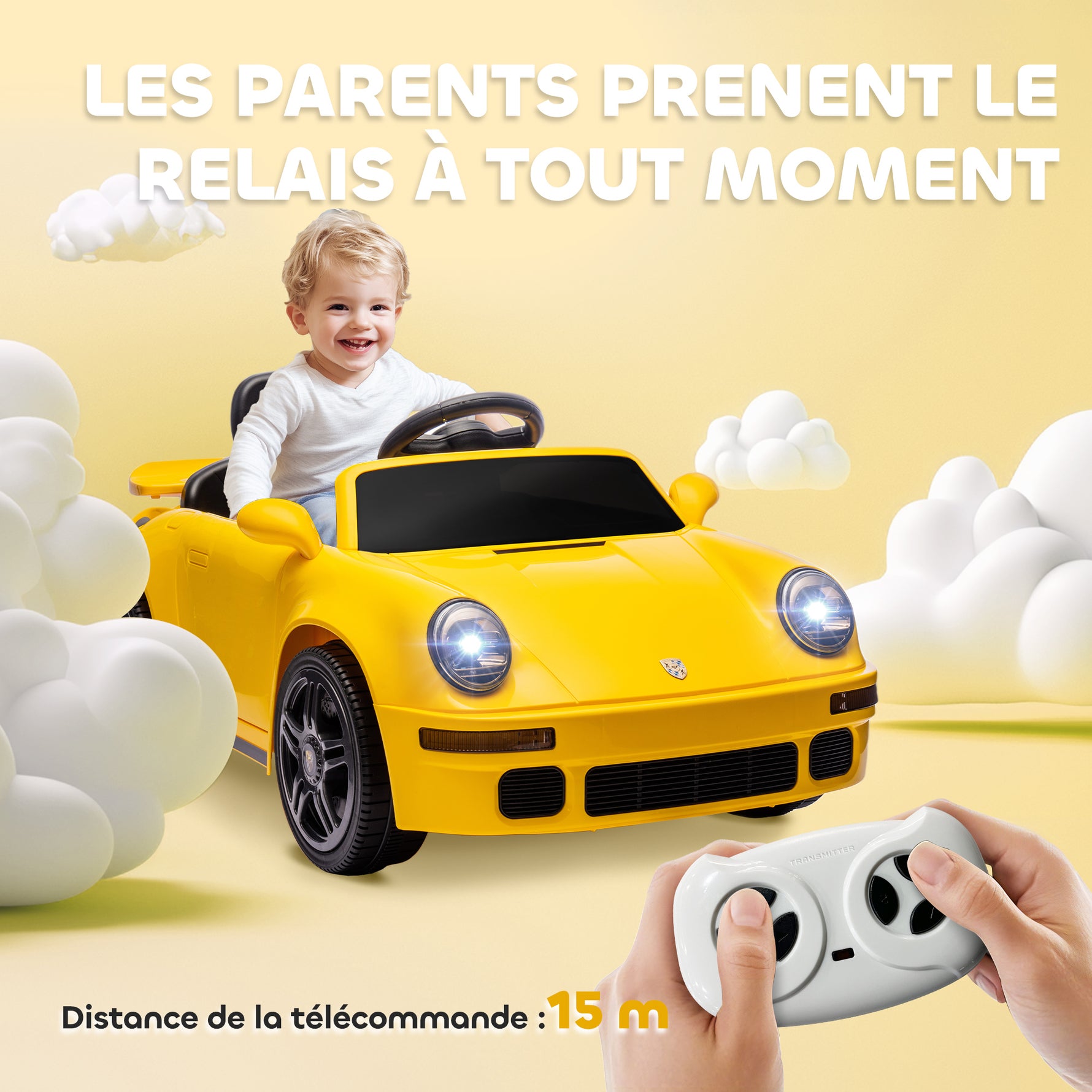 Voiture électrique enfants, véhicule électrique 12V, télécommande 2,4G, phares, musique, klaxon, 103 x 55 x 44 cm, jaune