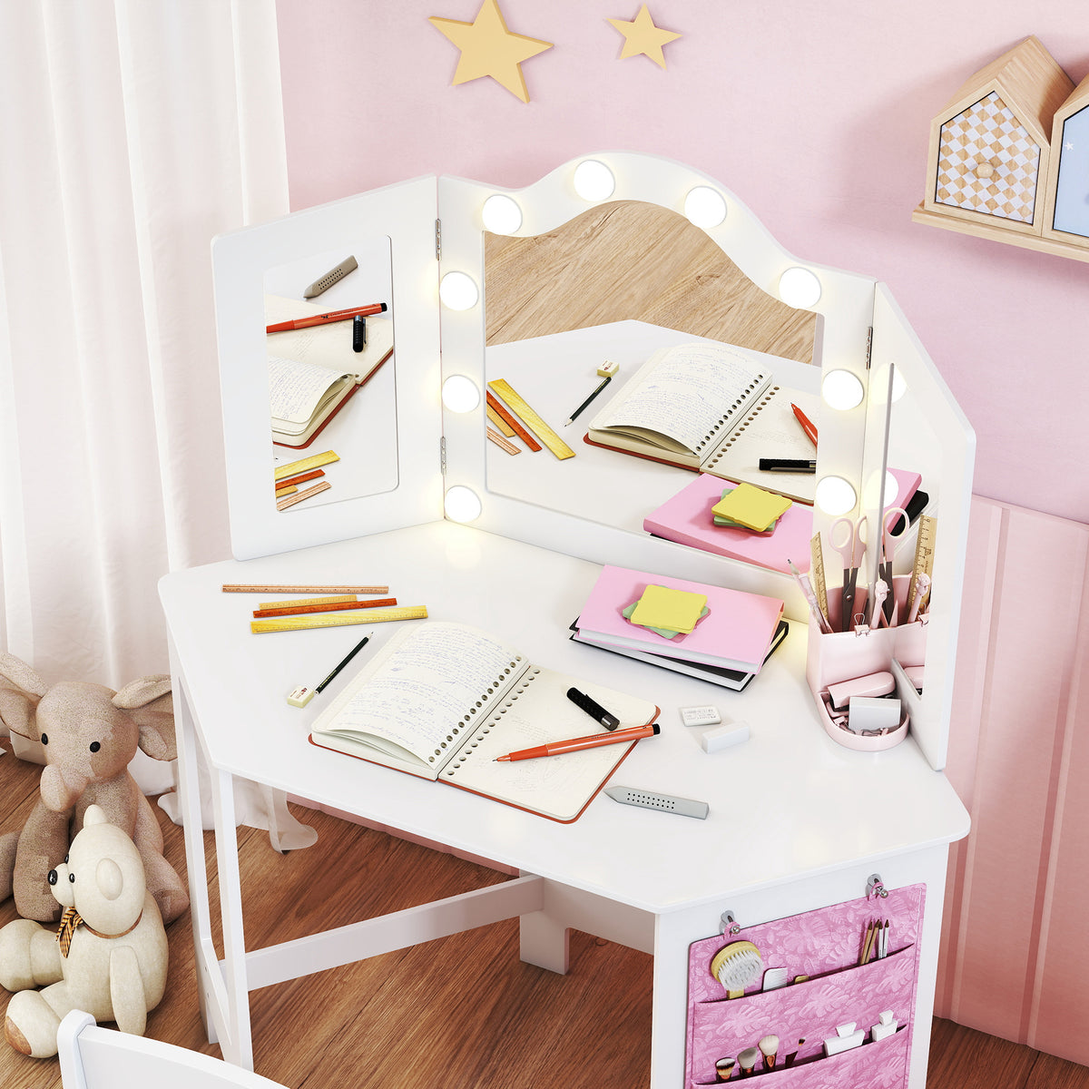 Coiffeuse enfant 2 en 1 avec tabouret miroir triptyque et lumières LED bicolores  93,6 x 48,5 x 111,5 cm blanc