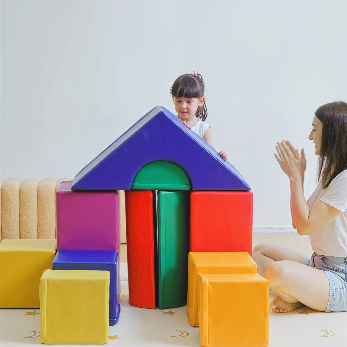 Parcours motricité bébé 11PCS, module motricité bébé en mousse EPE avec housse en revêtement synthétique, blocs mousse de construction, jouets éducatifs pour enfants de 1-3 ans, multicolore