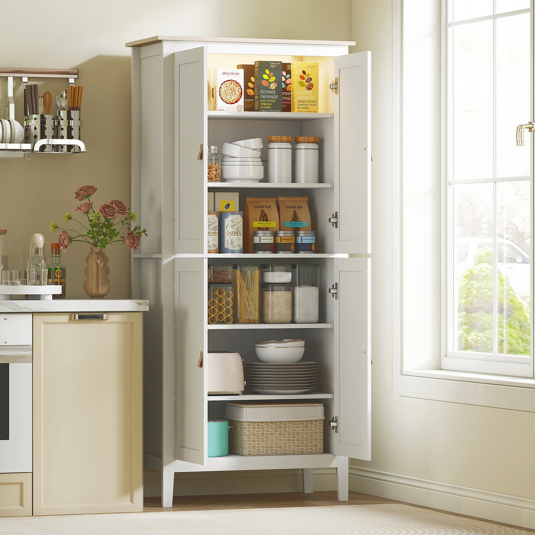 Buffet cuisine, meuble cuisine rangement haut avec LED réglable et détecteur de mouvement, 80 x 40 x 176,5 cm, blanc