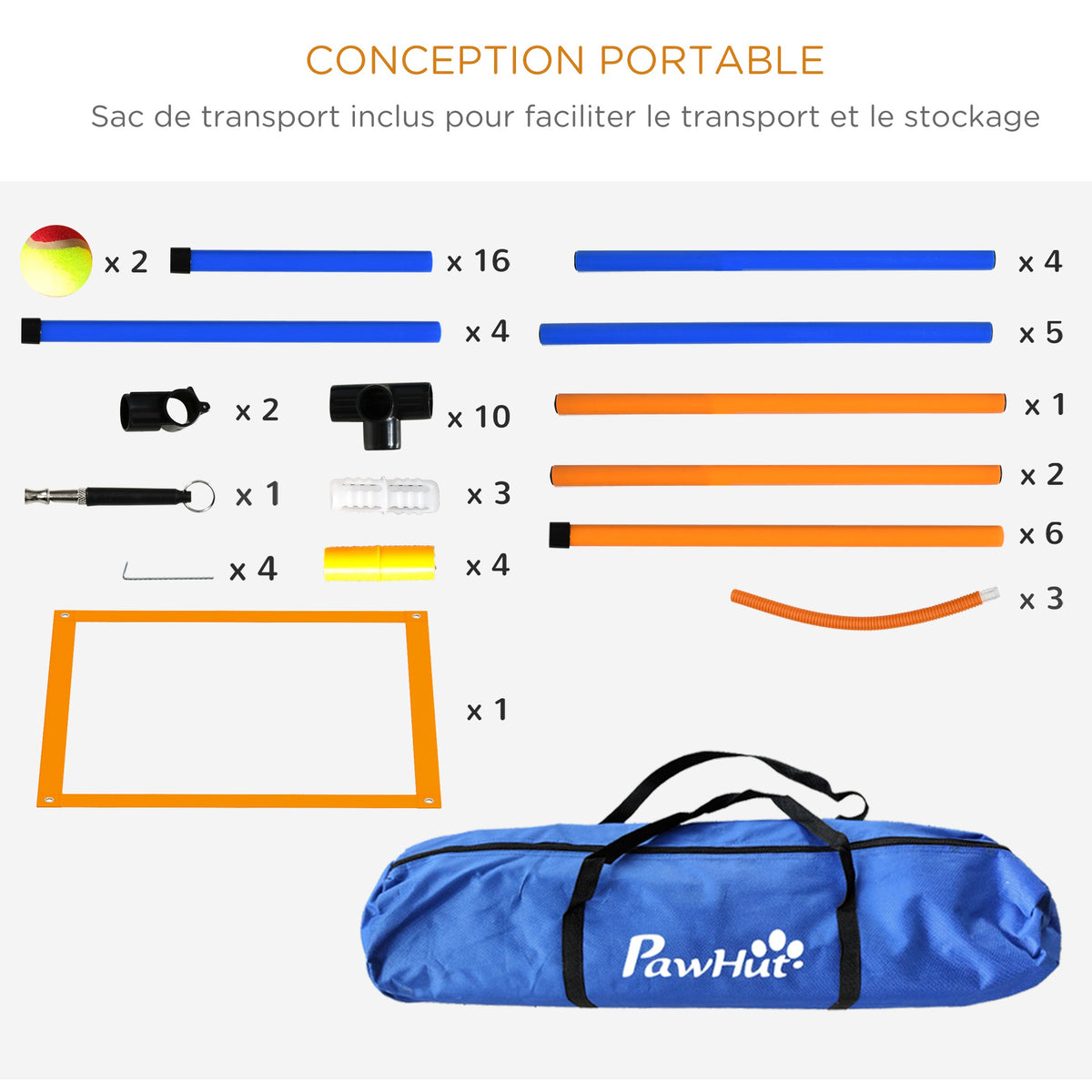 Kit d'agilité pour chien 4 pièces avec slalom, anneau de saut, haies, kit de dressage, sac de transport