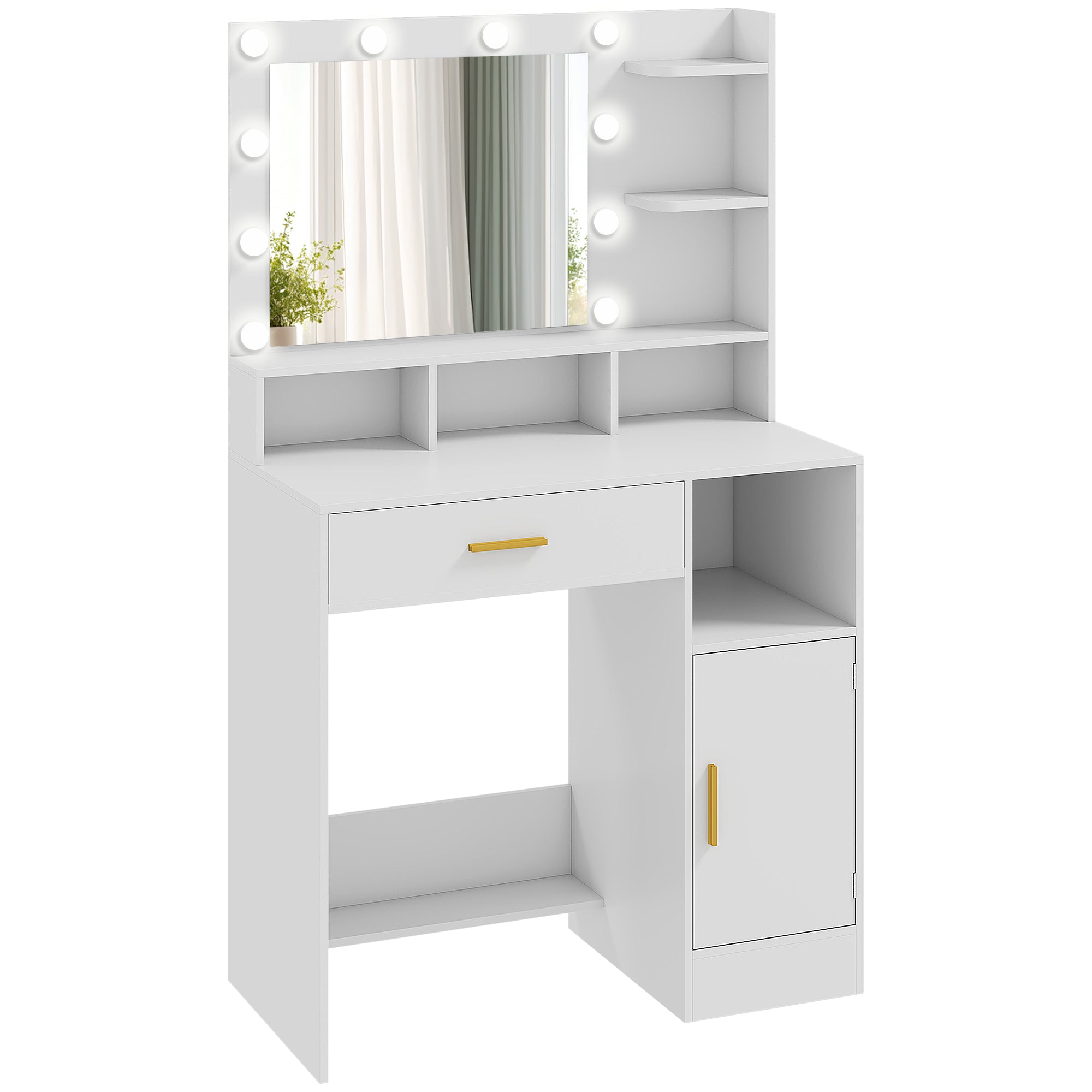 Dressing table with mirror and 10 LED lights, adjustable brightness, drawer, cabinet and open shelves, 80x40x135cm, white