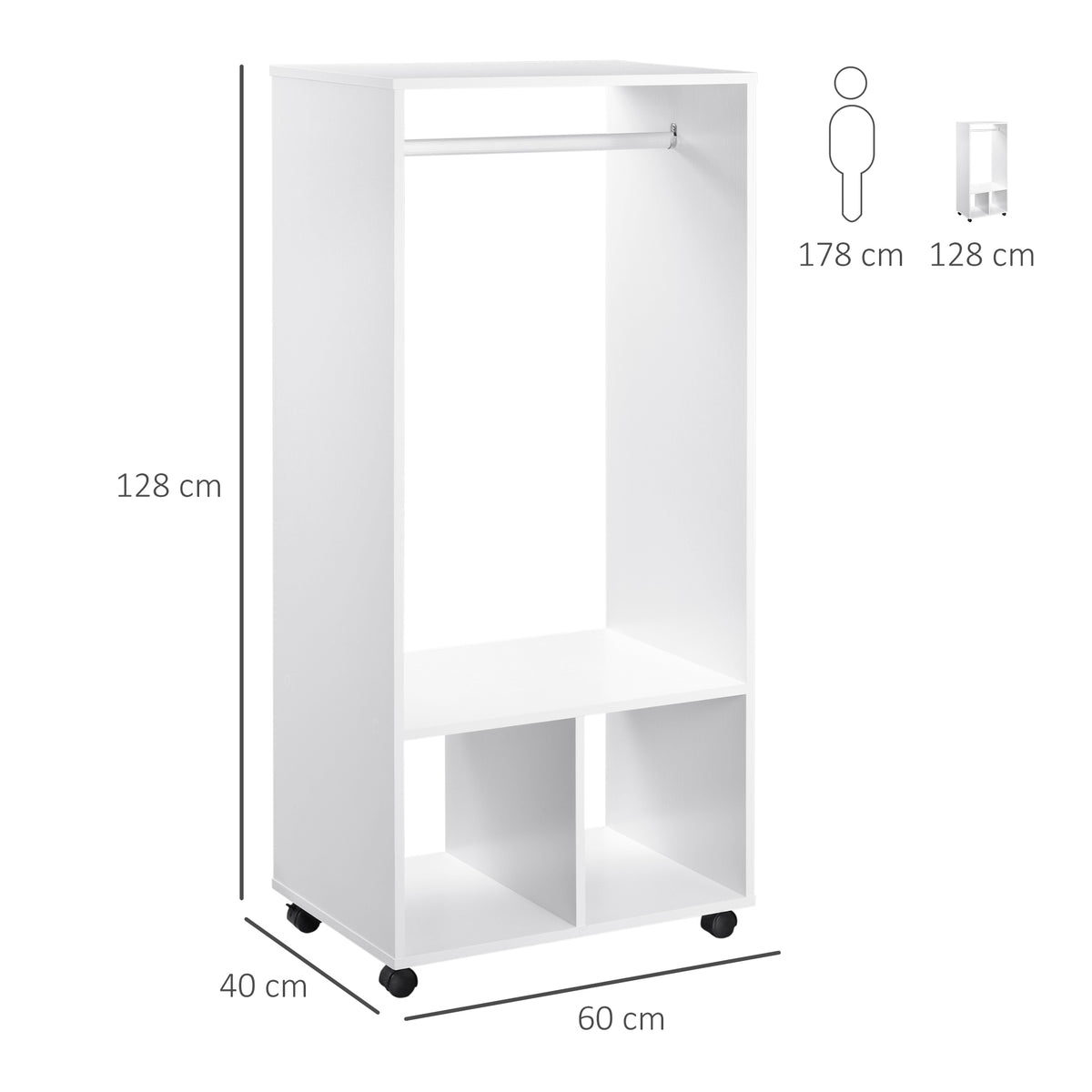 Set di 2 appendiabiti salvaspazio mobili con rotelle, 2 vani + ampio spazio appendiabiti in legno bianco