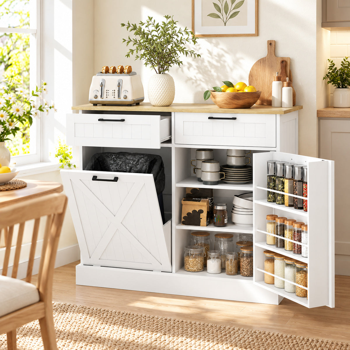 Credenza da cucina con mobiletto per pattumiera da 38L, mobile da cucina, 2 cassetti, portaspezie e piano di lavoro, bianco