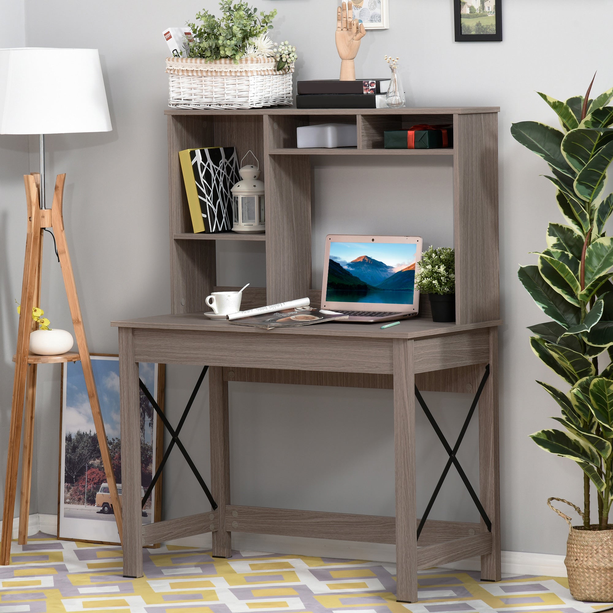 Bureau avec rangement bibliothèque en bois moderne avec étagères et grand plateau pour petits espaces maison