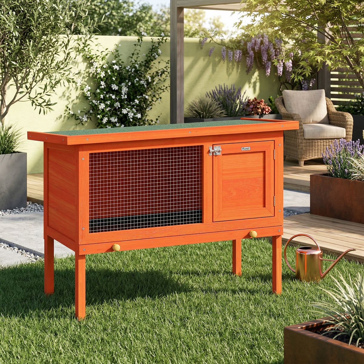 Clapier Lapin Extérieur en Bois, Toit Ouvrable en Asphalt et Plateau Coulissant, Design Surélevé, 90x45x65cm, Orange