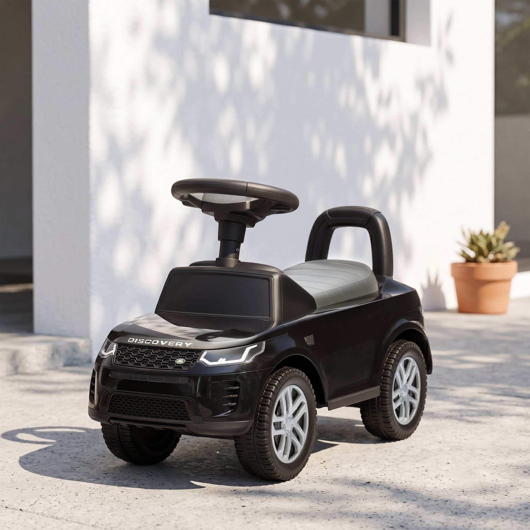 Porteur enfants voiture sous licence Land Rover, véhicule à pousser, klaxon, sons de moteur, rangement sous siège, noir