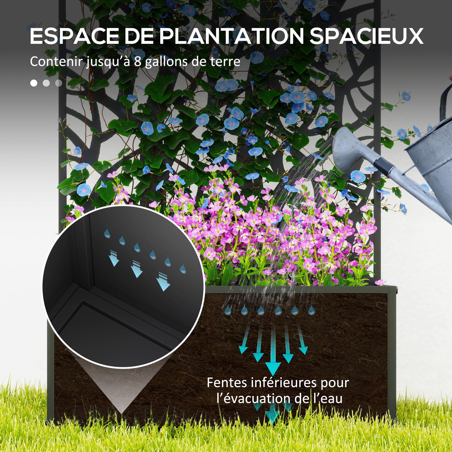 Jardinière avec treillis, bac à fleurs pour plantes grimpantes, légumes, fleurs en métal 61 x 23 x 113 cm noir