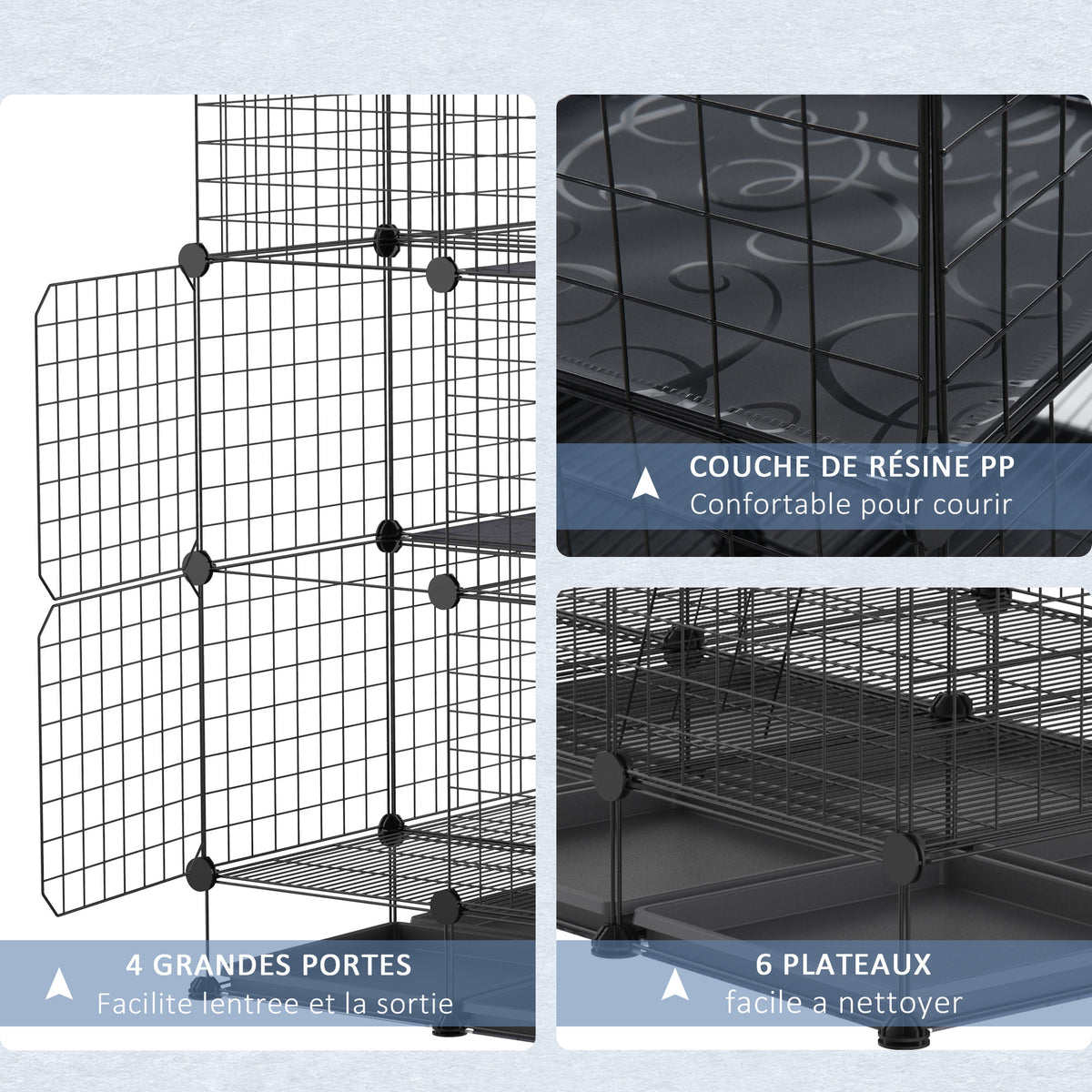 Cage parc enclos rongeurs modulable dim. L 111 x l 75 x H 119 cm 3 niveaux 4 portes fil métallique noir