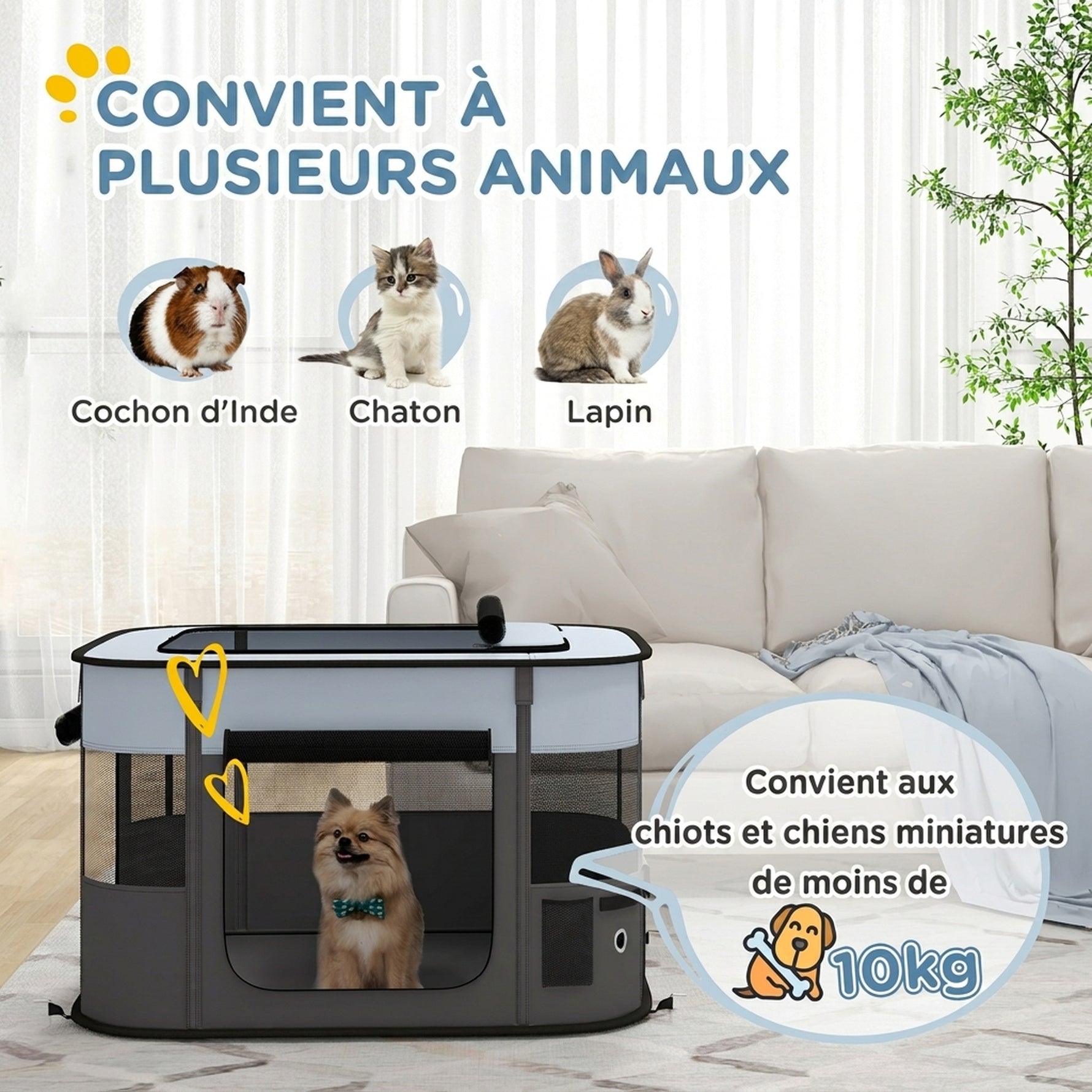 Parc enclos pliable pour chien chat petits animaux en tissu Oxford avec rangement 84 x 64 x 53 cm gris et noir